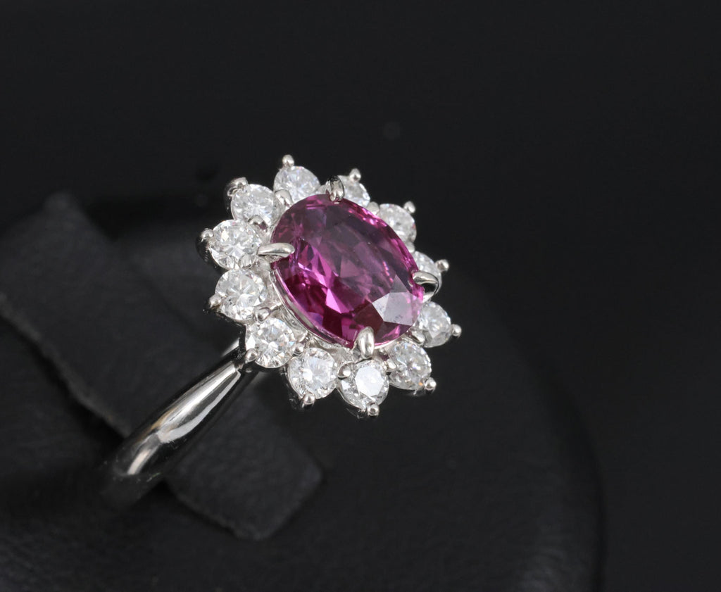 1.80ct GIA Madagascar Pink Sapphire 0.60ct Diamond Halo Platinum Ring Size 5.75