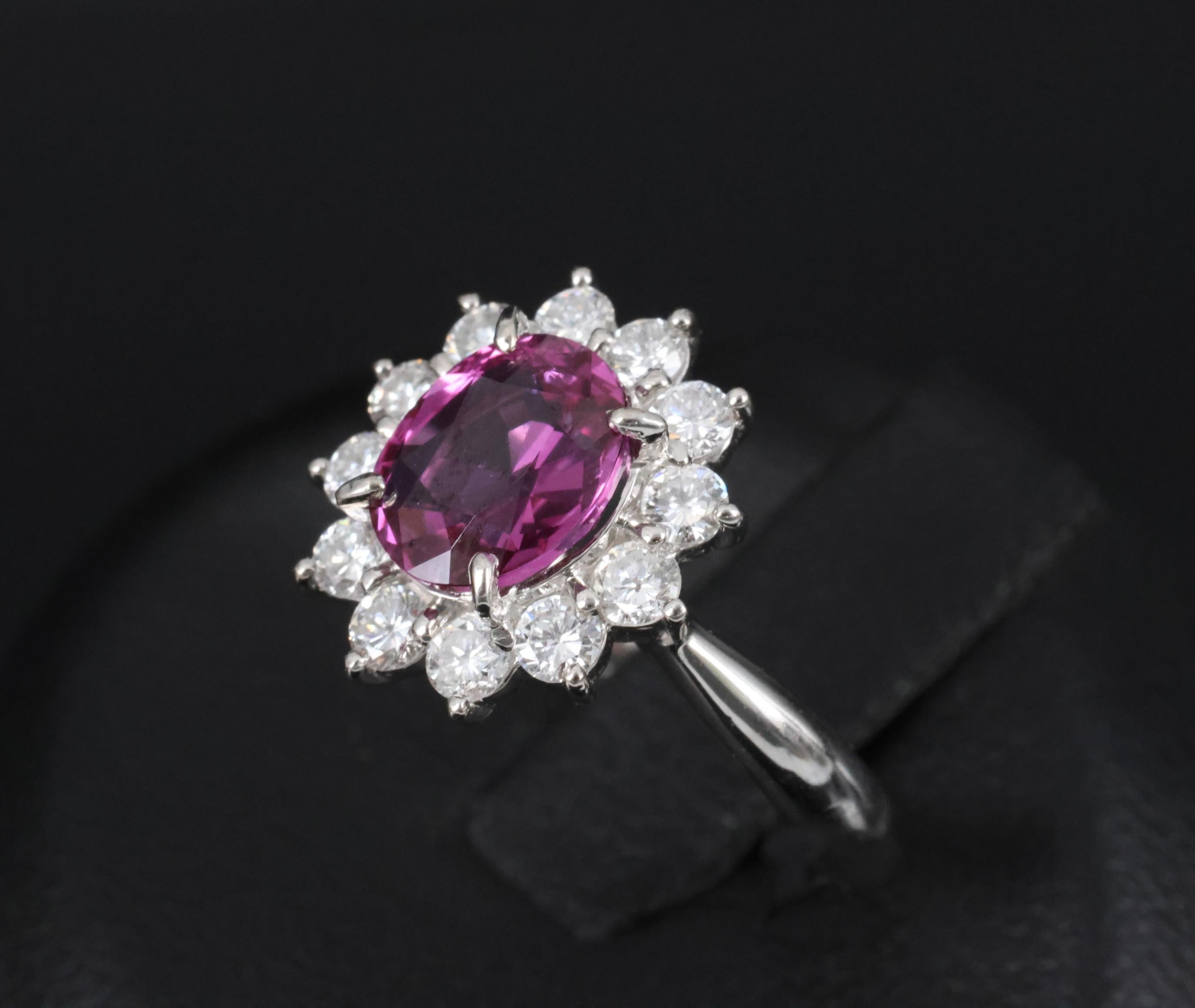 1.80ct GIA Madagascar Pink Sapphire 0.60ct Diamond Halo Platinum Ring Size 5.75