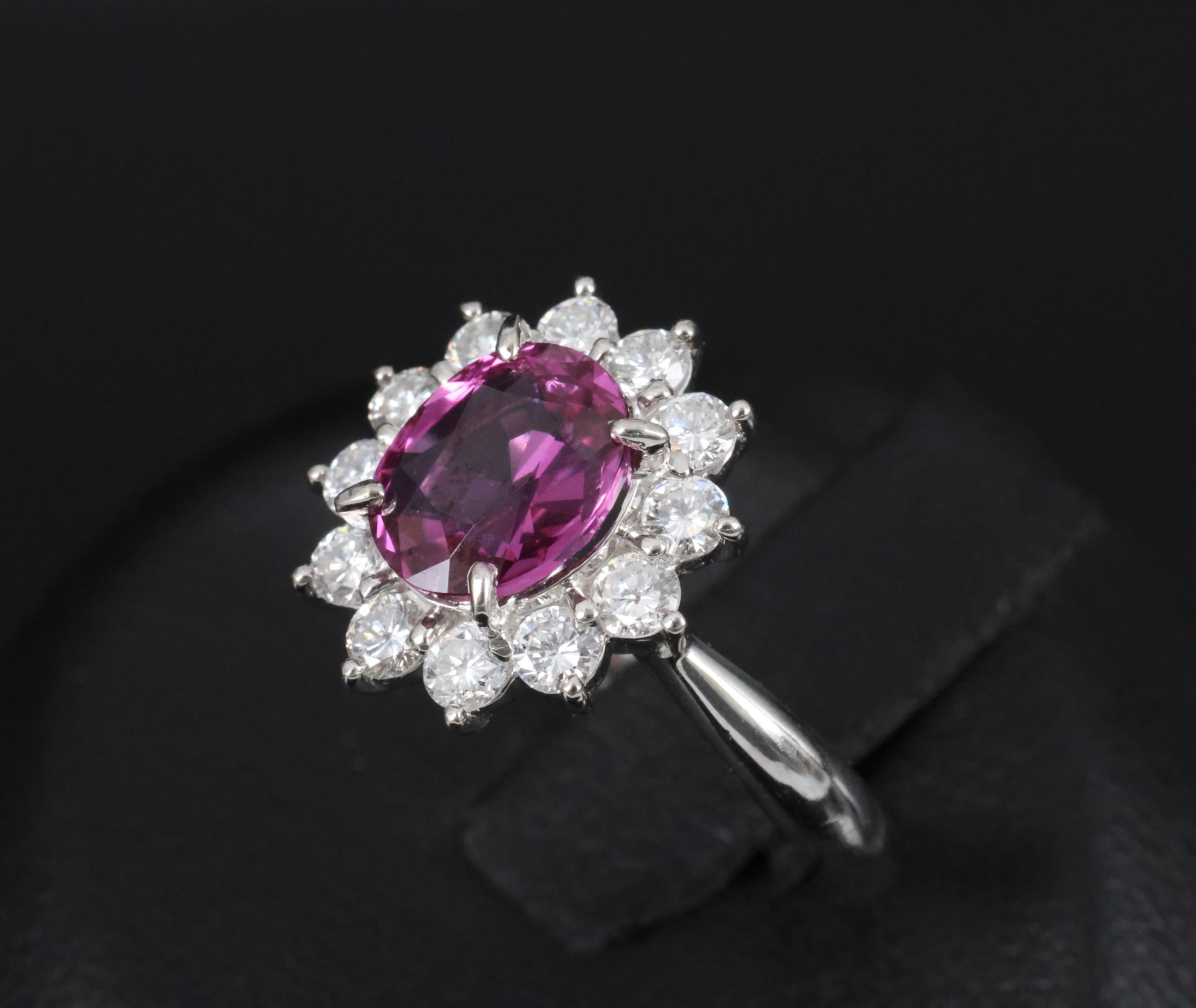 1.80ct GIA Madagascar Pink Sapphire 0.60ct Diamond Halo Platinum Ring Size 5.75