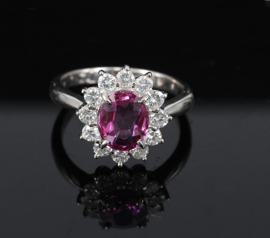 1.80ct GIA Madagascar Pink Sapphire 0.60ct Diamond Halo Platinum Ring Size 5.75