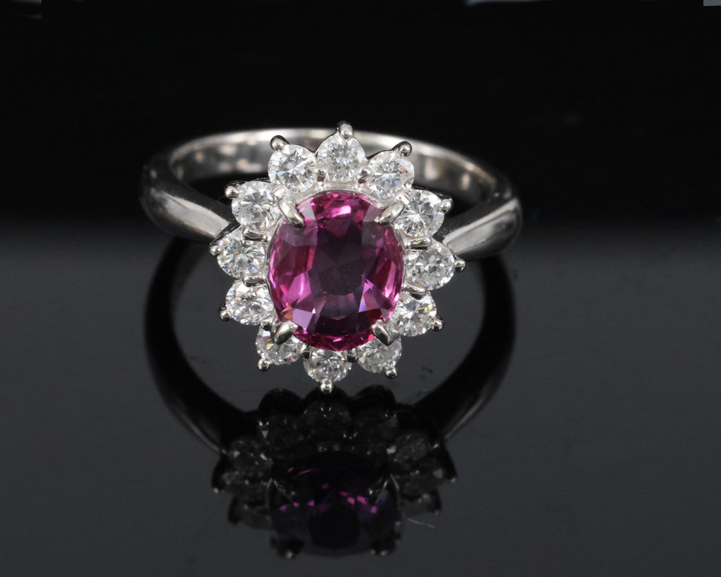 1.80ct GIA Madagascar Pink Sapphire 0.60ct Diamond Halo Platinum Ring Size 5.75