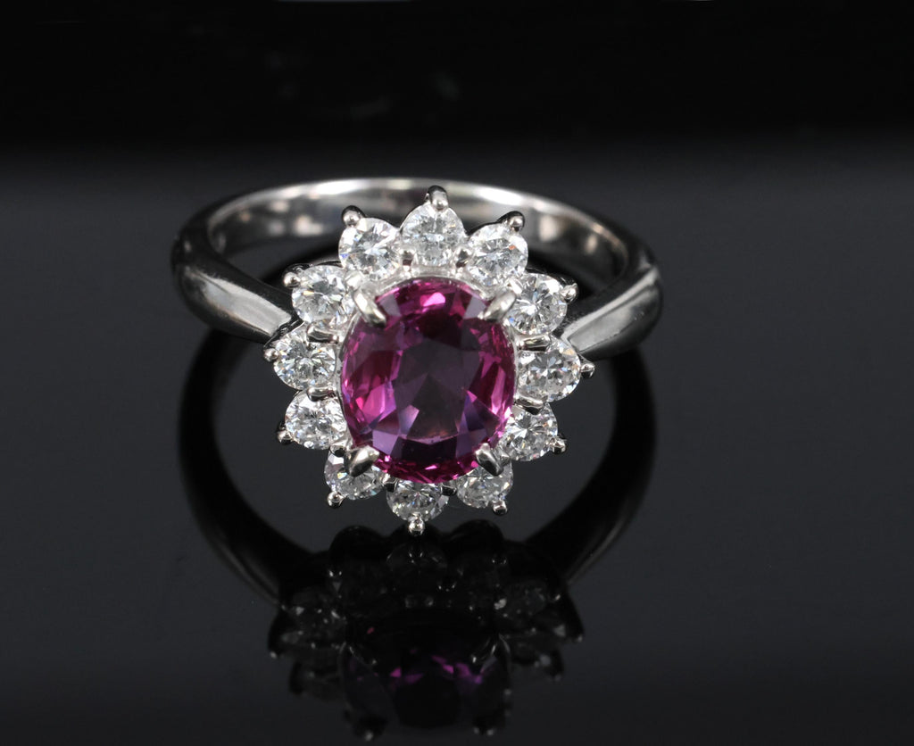 1.80ct GIA Madagascar Pink Sapphire 0.60ct Diamond Halo Platinum Ring Size 5.75