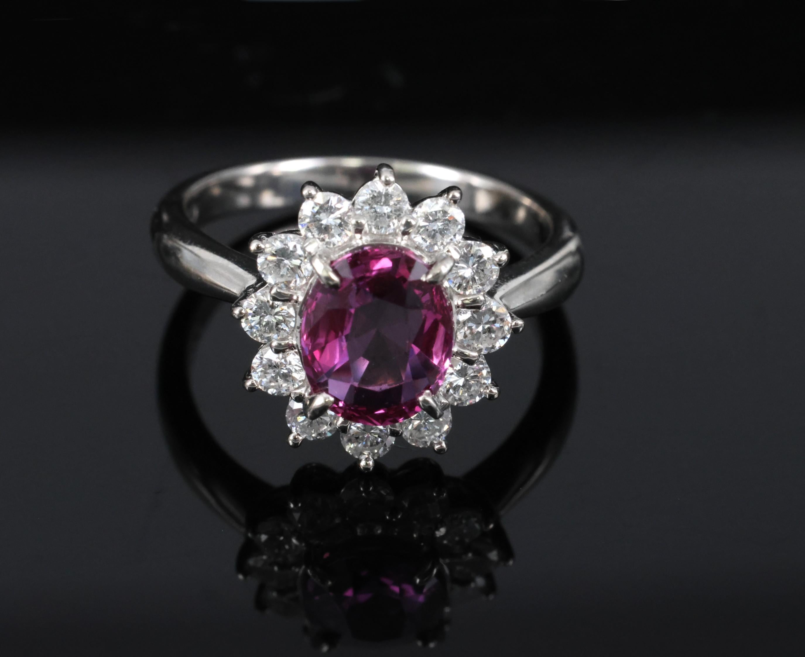 1.80ct GIA Madagascar Pink Sapphire 0.60ct Diamond Halo Platinum Ring Size 5.75