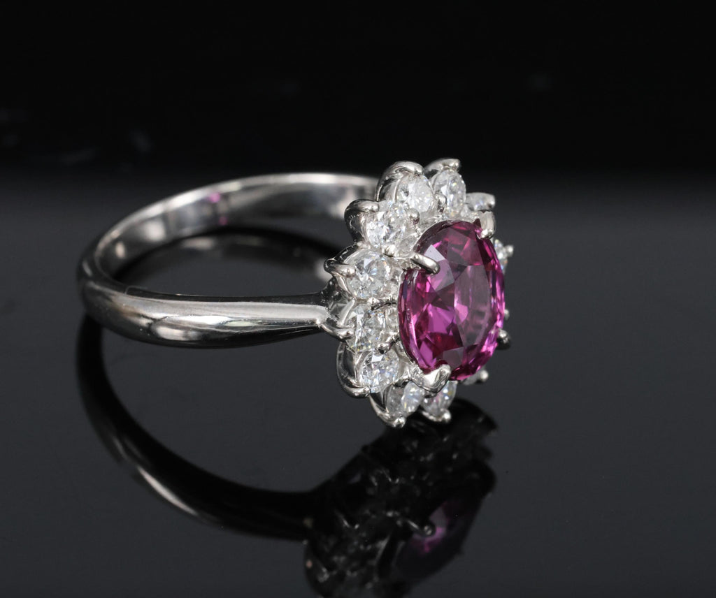 1.80ct GIA Madagascar Pink Sapphire 0.60ct Diamond Halo Platinum Ring Size 5.75