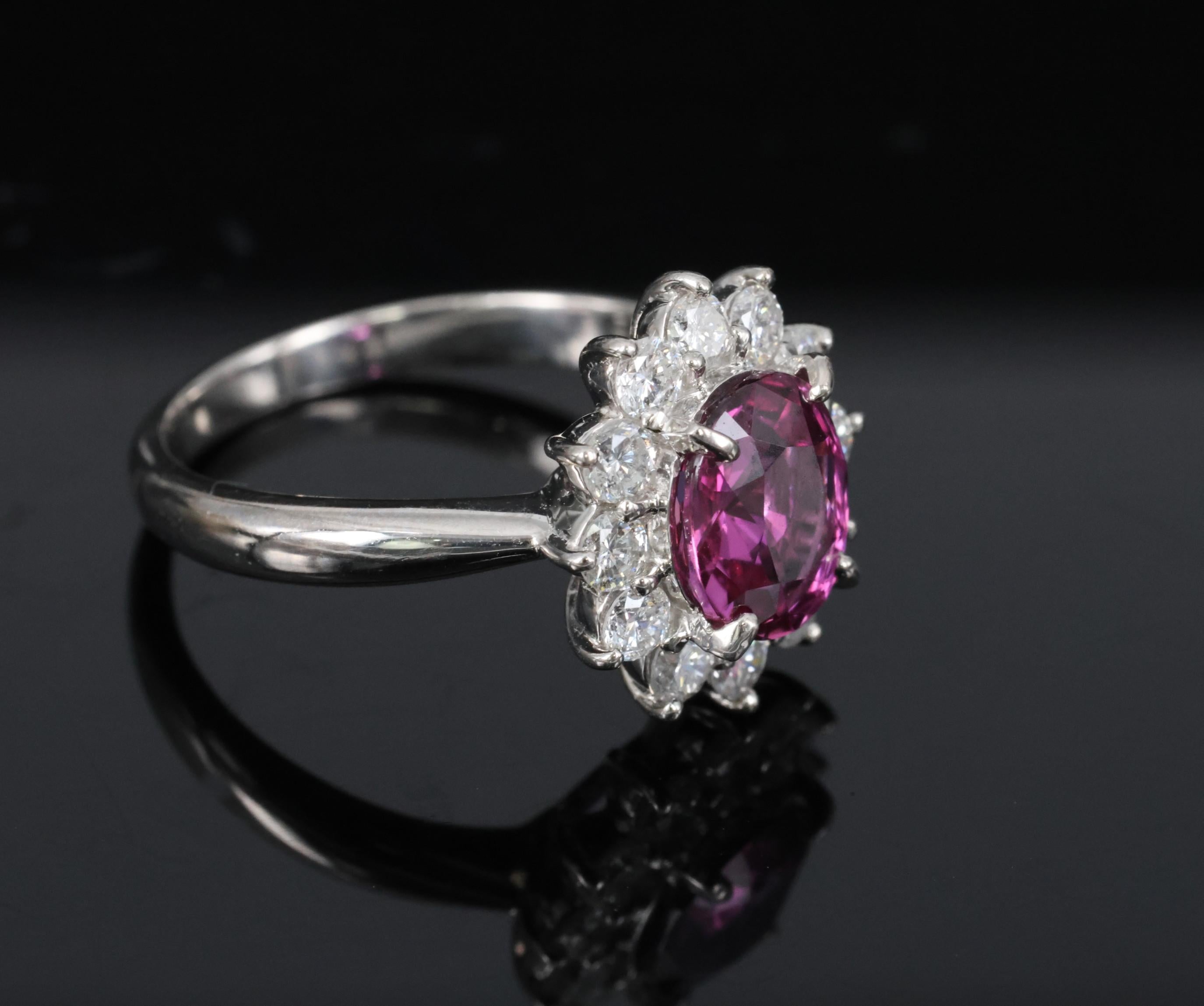 1.80ct GIA Madagascar Pink Sapphire 0.60ct Diamond Halo Platinum Ring Size 5.75