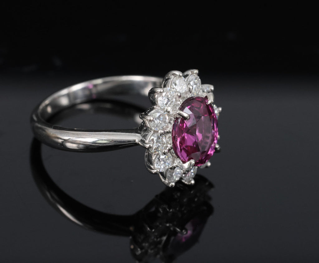1.80ct GIA Madagascar Pink Sapphire 0.60ct Diamond Halo Platinum Ring Size 5.75