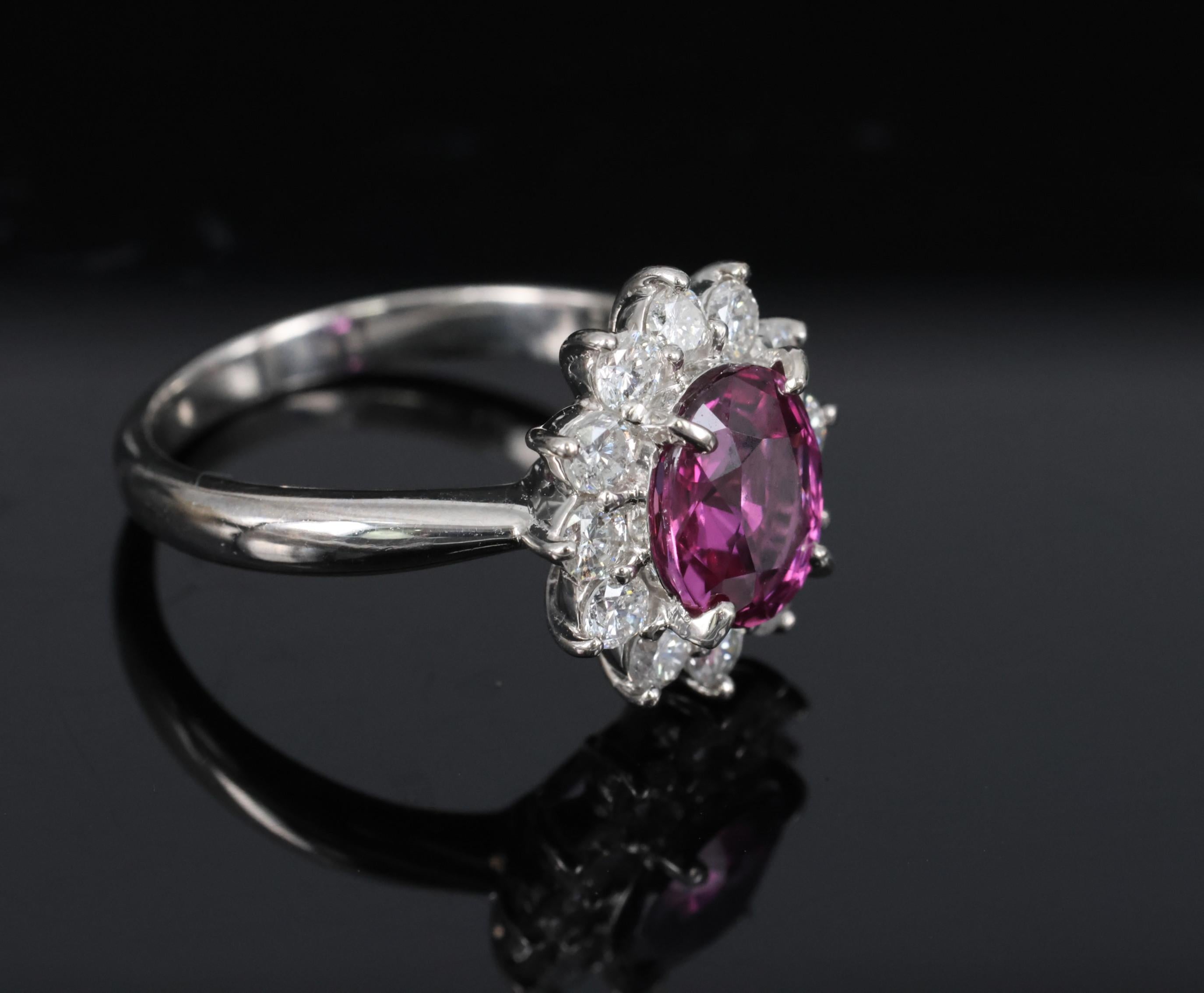 1.80ct GIA Madagascar Pink Sapphire 0.60ct Diamond Halo Platinum Ring Size 5.75