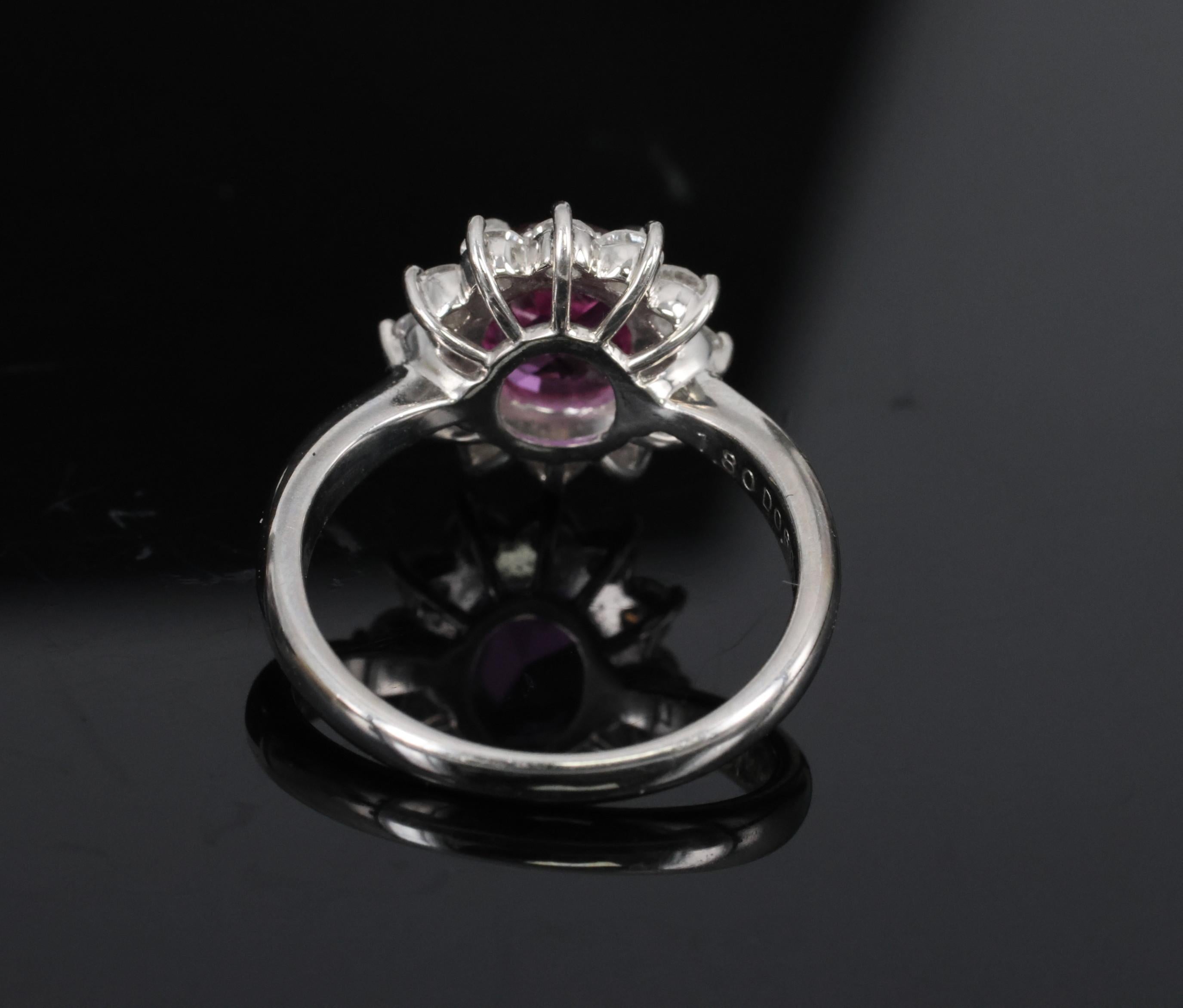 1.80ct GIA Madagascar Pink Sapphire 0.60ct Diamond Halo Platinum Ring Size 5.75