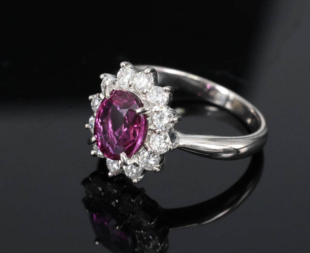 1.80ct GIA Madagascar Pink Sapphire 0.60ct Diamond Halo Platinum Ring Size 5.75