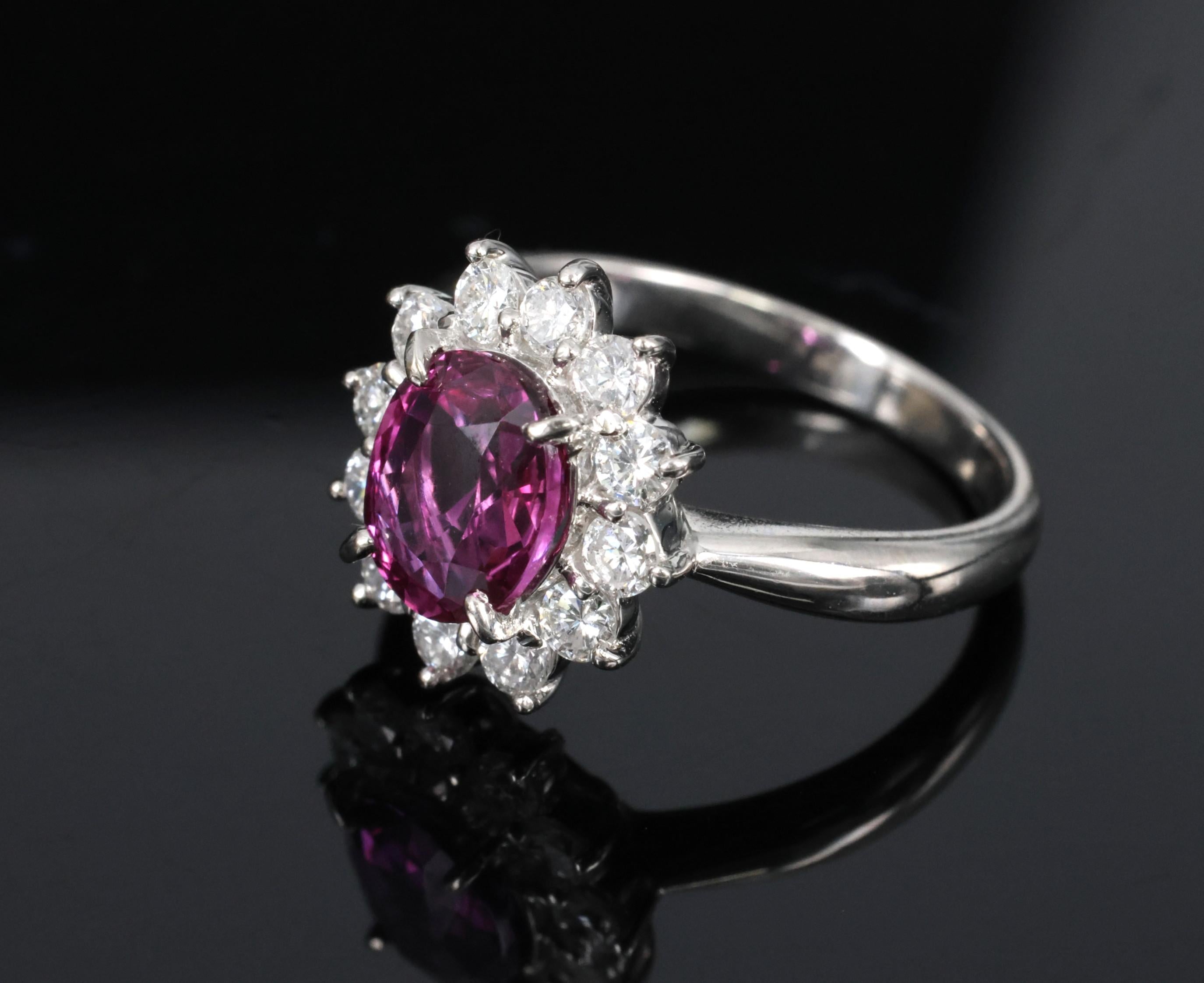 1.80ct GIA Madagascar Pink Sapphire 0.60ct Diamond Halo Platinum Ring Size 5.75