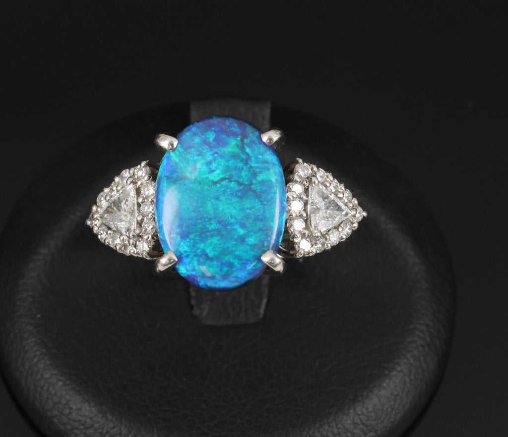Fine 4.88ct Natural Untreated Black Opal & 0.53ct Diamond Platinum Ring, Size 6