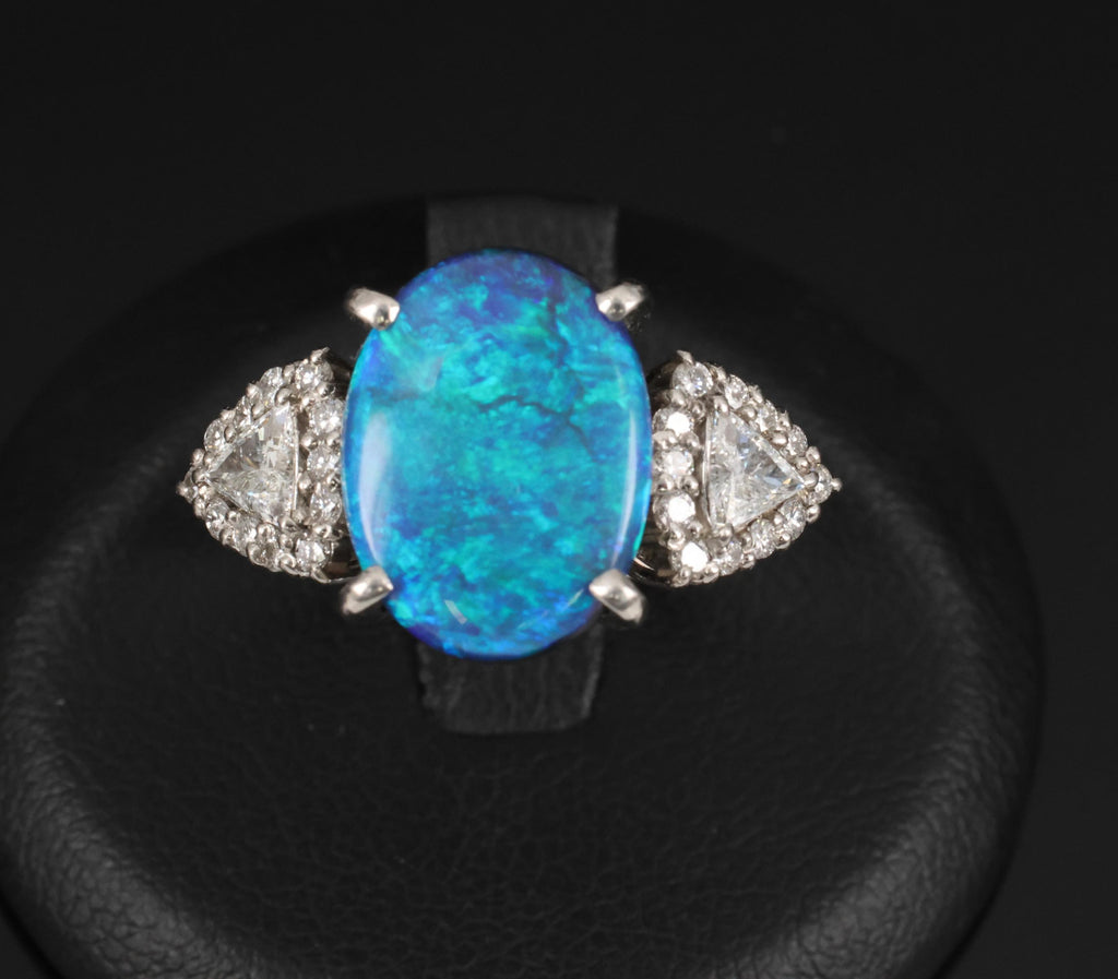 Fine 4.88ct Natural Untreated Black Opal & 0.53ct Diamond Platinum Ring, Size 6