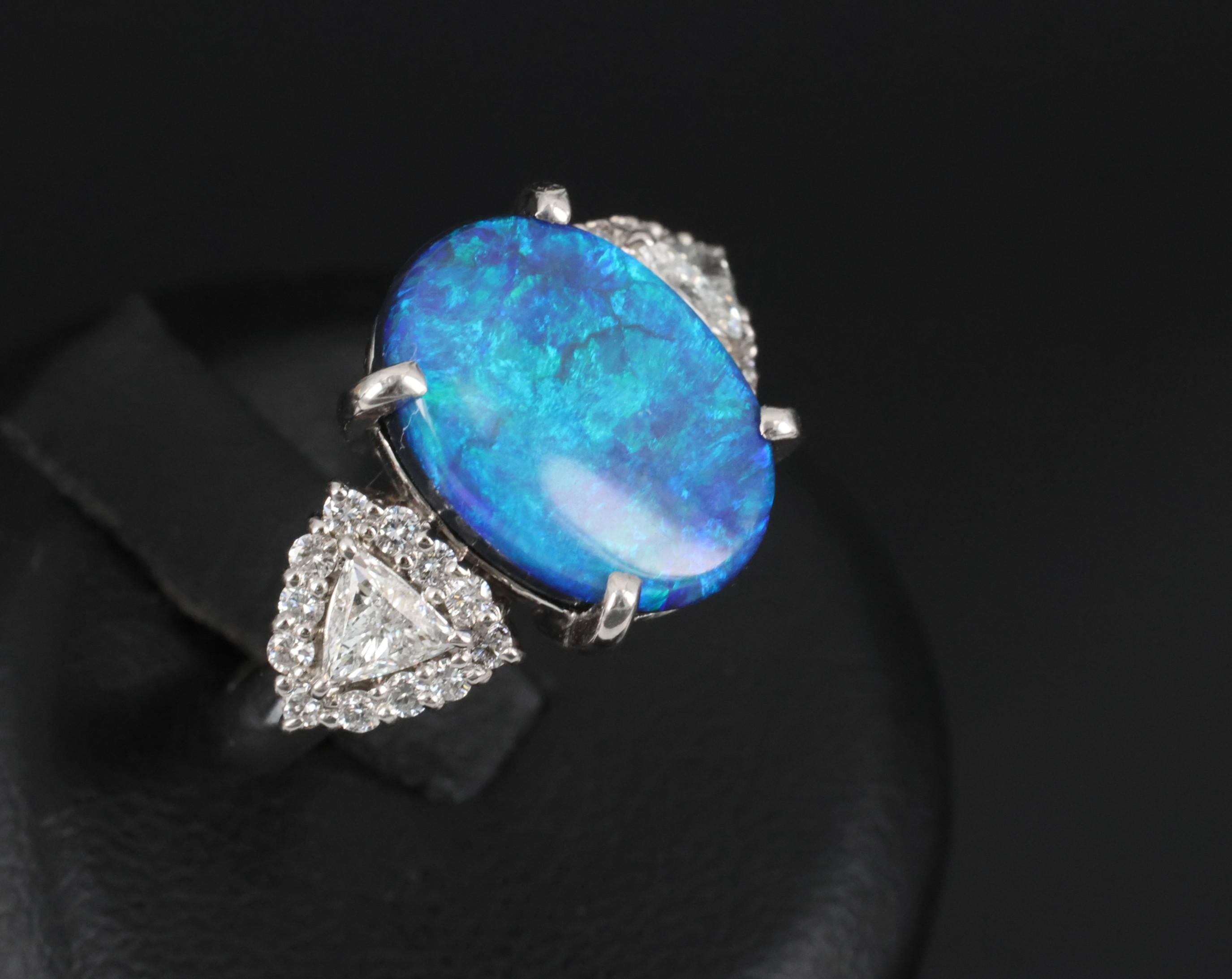 Fine 4.88ct Natural Untreated Black Opal & 0.53ct Diamond Platinum Ring, Size 6