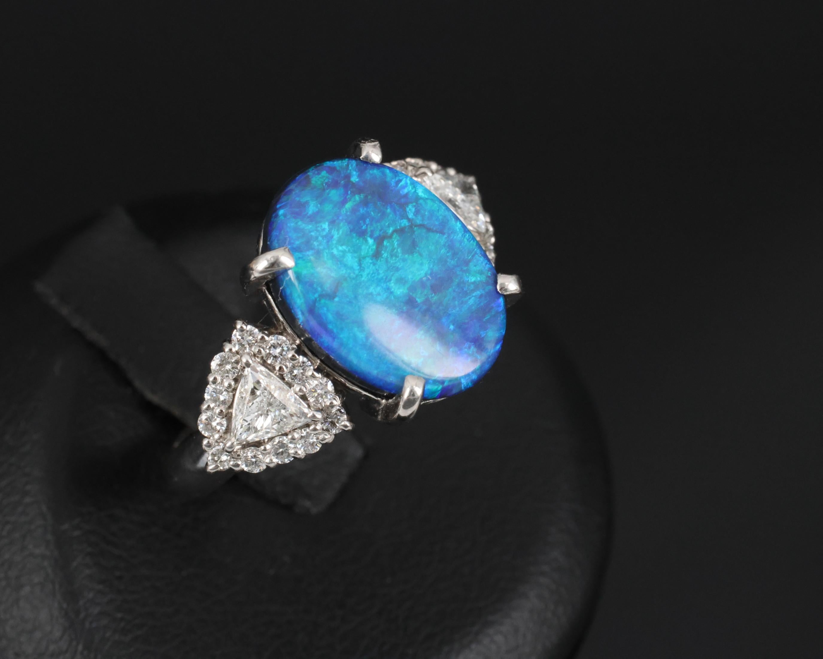 Fine 4.88ct Natural Untreated Black Opal & 0.53ct Diamond Platinum Ring, Size 6