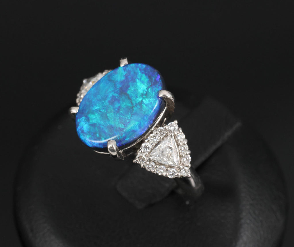 Fine 4.88ct Natural Untreated Black Opal & 0.53ct Diamond Platinum Ring, Size 6