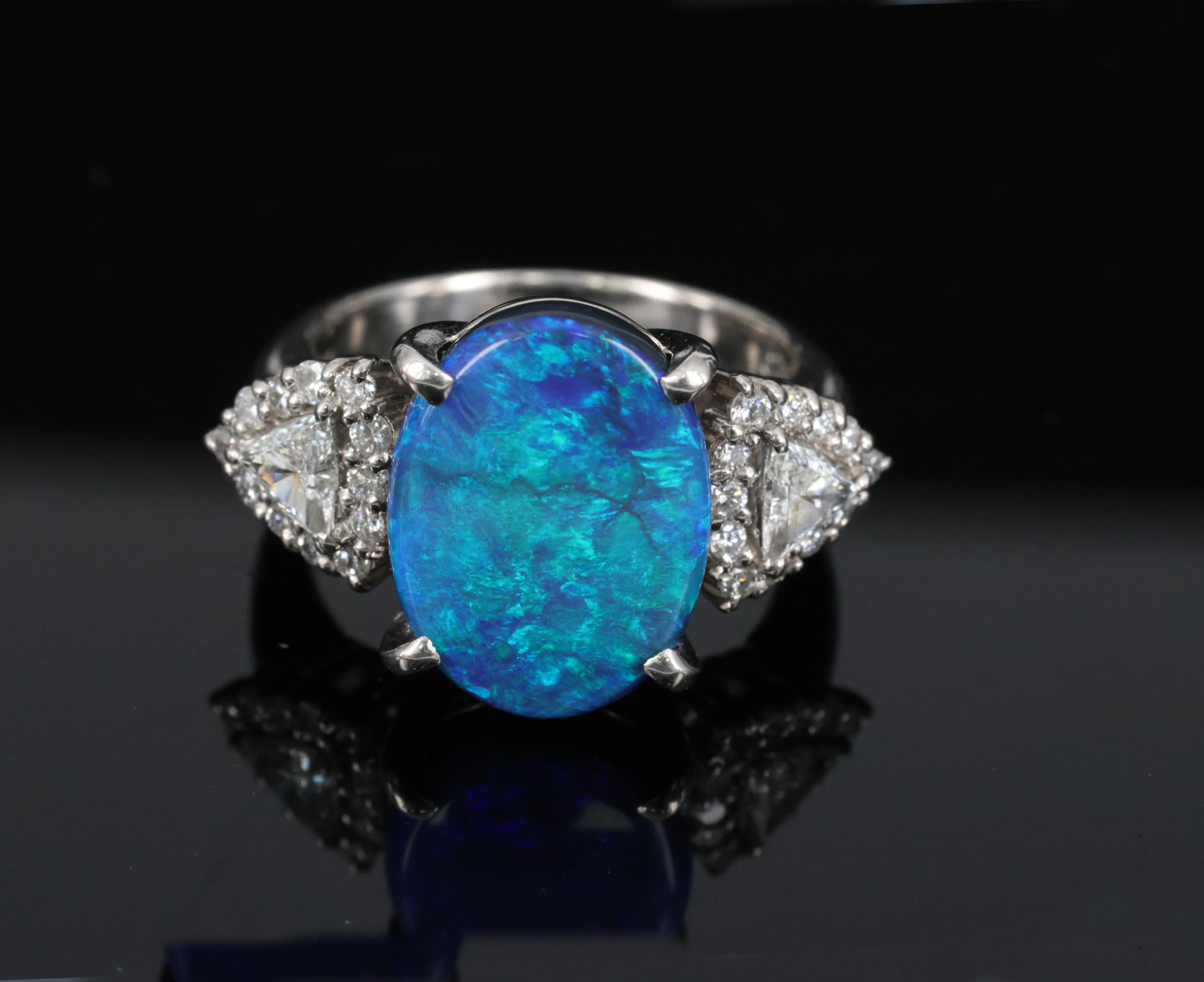 Fine 4.88ct Natural Untreated Black Opal & 0.53ct Diamond Platinum Ring, Size 6