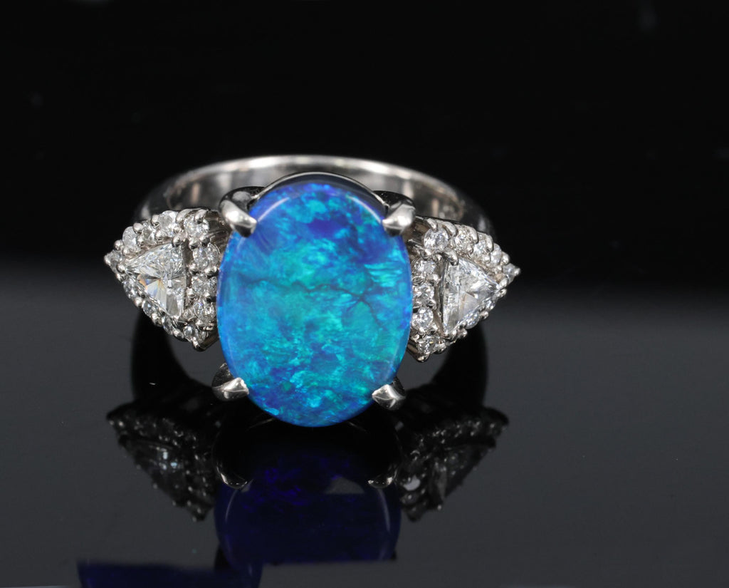 Fine 4.88ct Natural Untreated Black Opal & 0.53ct Diamond Platinum Ring, Size 6