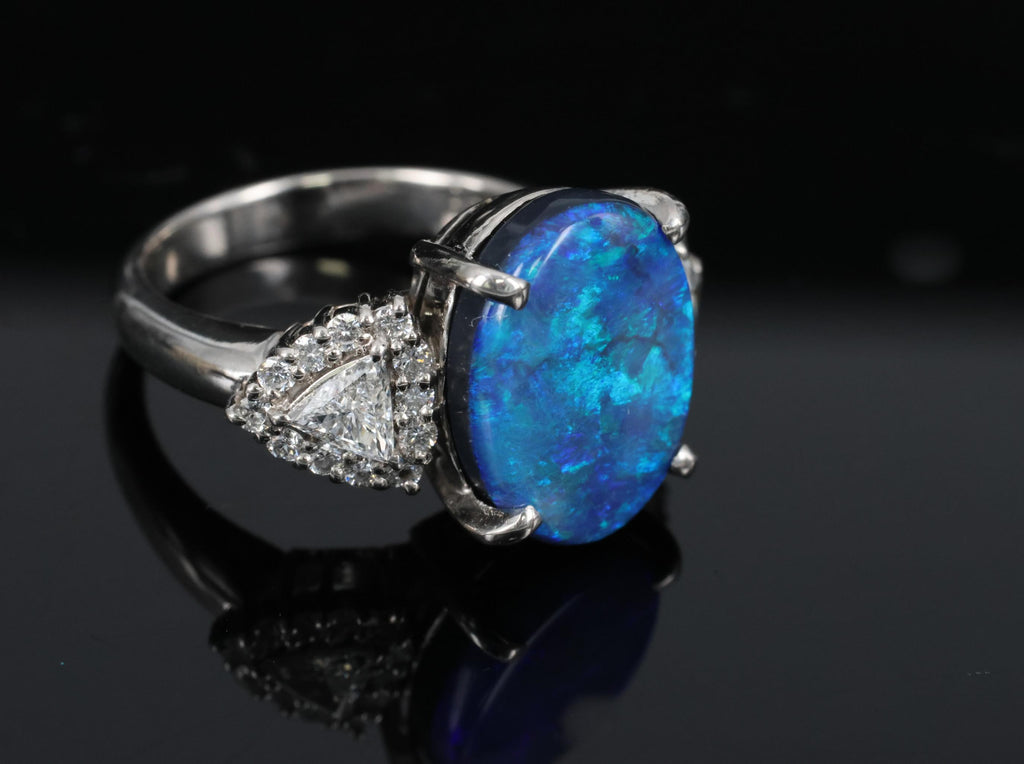 Fine 4.88ct Natural Untreated Black Opal & 0.53ct Diamond Platinum Ring, Size 6