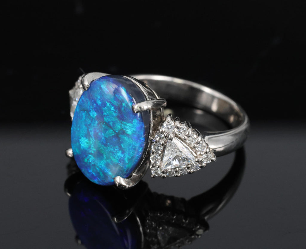 Fine 4.88ct Natural Untreated Black Opal & 0.53ct Diamond Platinum Ring, Size 6