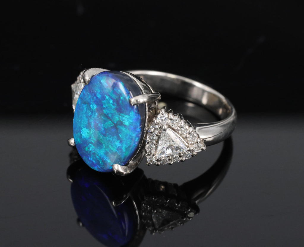 Fine 4.88ct Natural Untreated Black Opal & 0.53ct Diamond Platinum Ring, Size 6