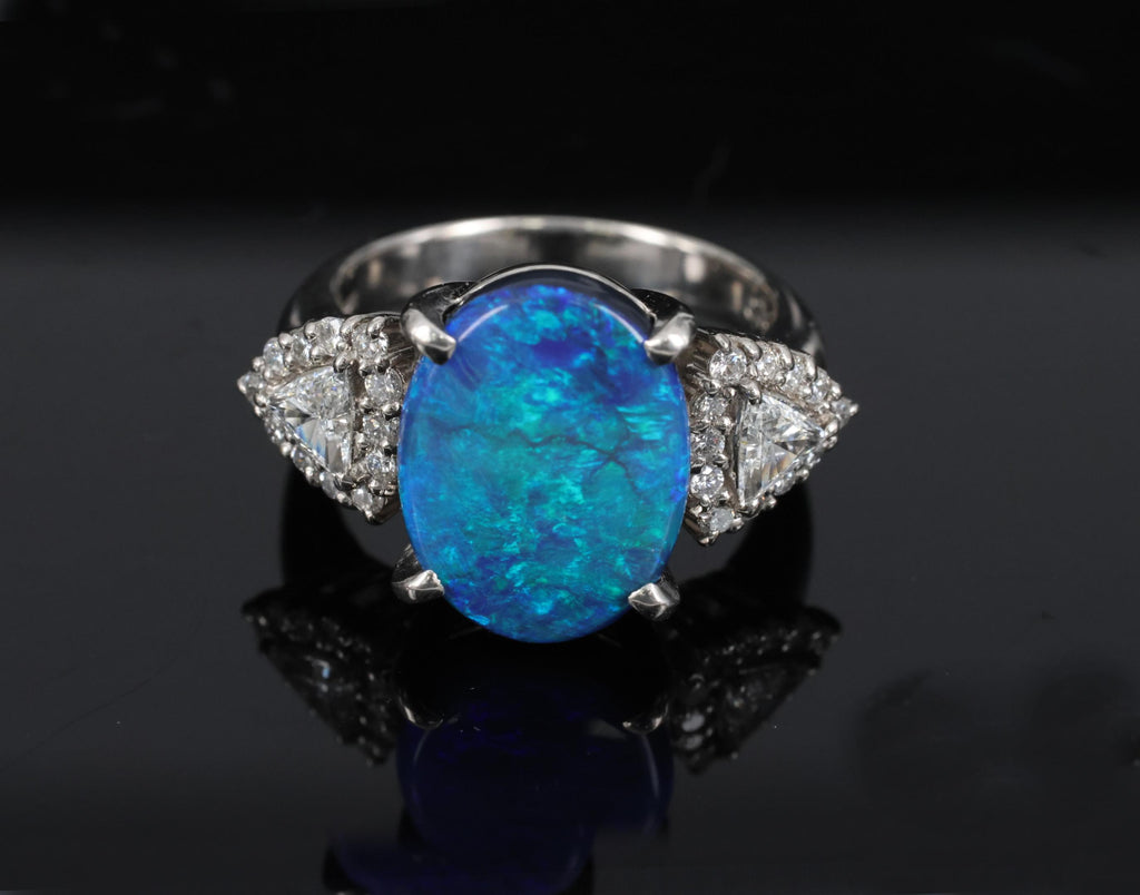 Fine 4.88ct Natural Untreated Black Opal & 0.53ct Diamond Platinum Ring, Size 6