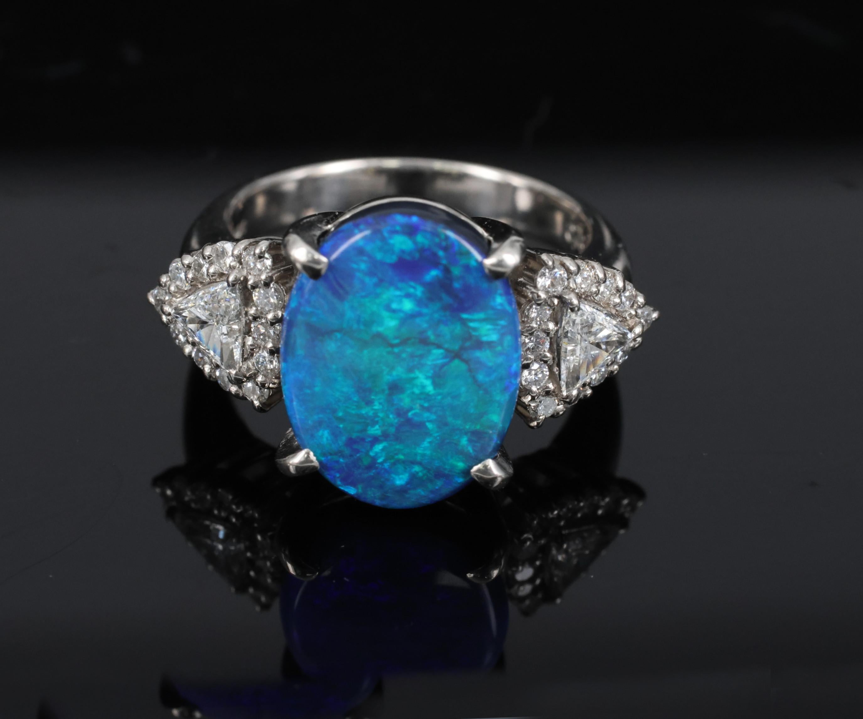 Fine 4.88ct Natural Untreated Black Opal & 0.53ct Diamond Platinum Ring, Size 6