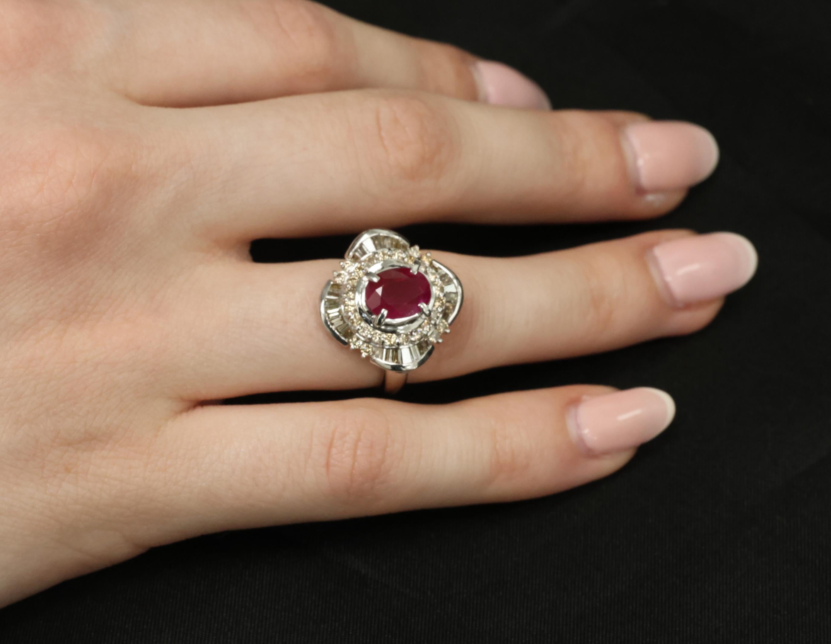 Vintage 2.54ct Intense Red Ruby & 1.55ct Diamond Platinum Ring Size 6.25