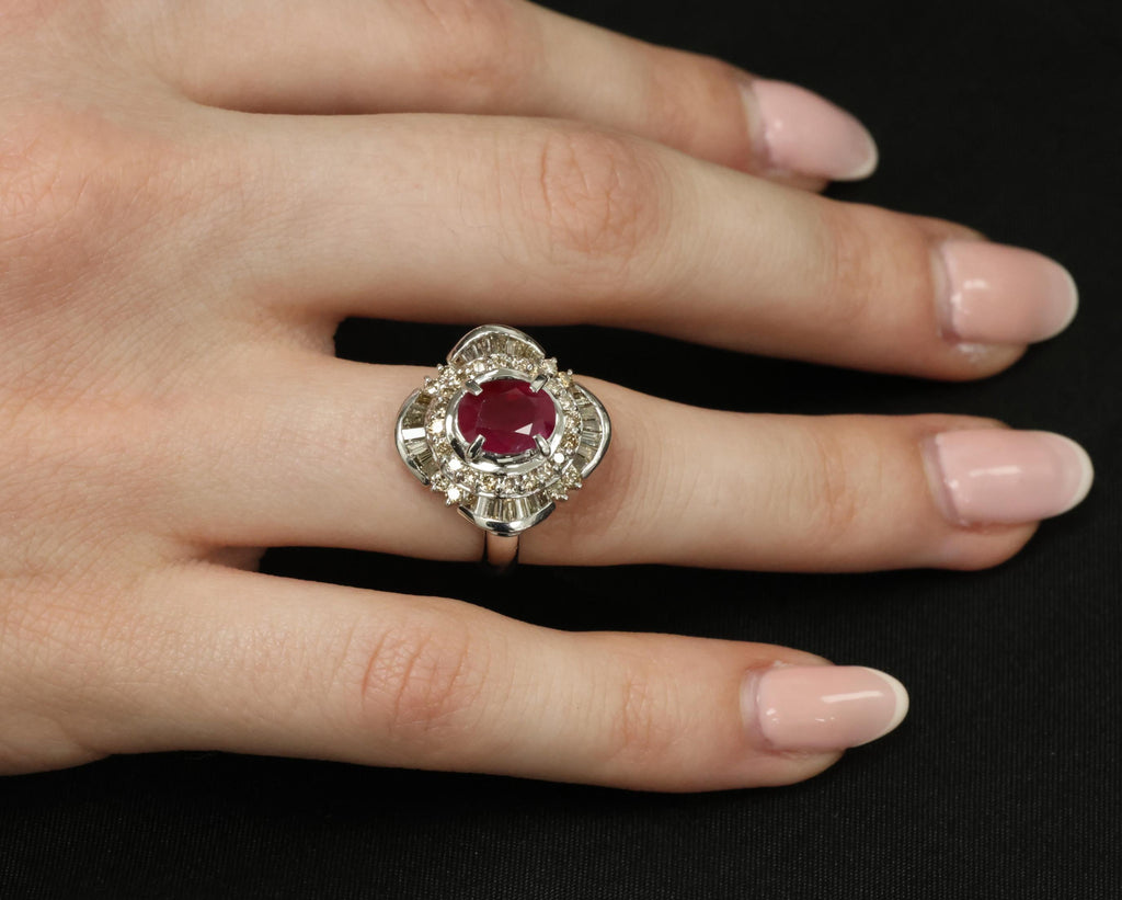 Vintage 2.54ct Intense Red Ruby & 1.55ct Diamond Platinum Ring Size 6.25