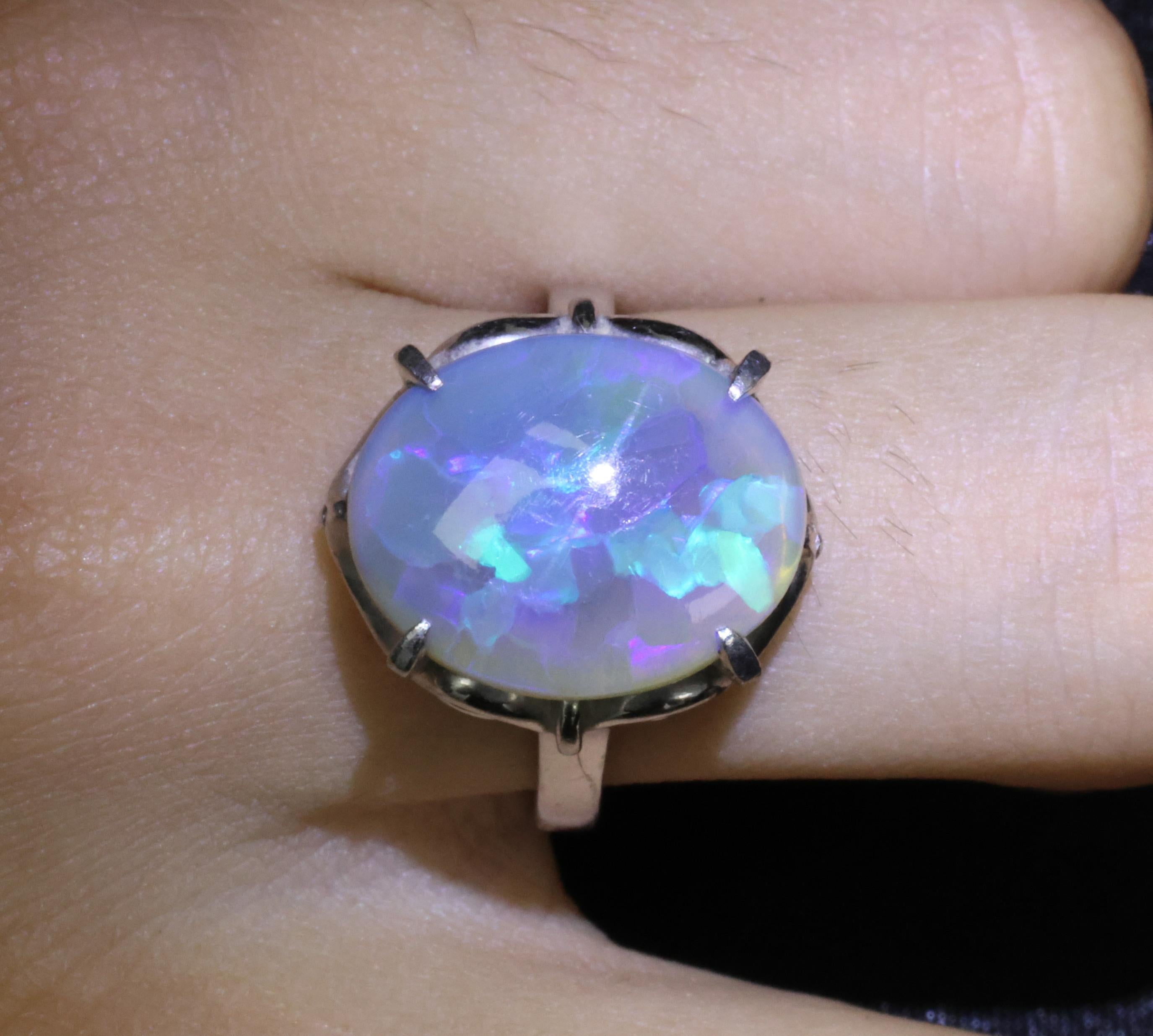 Vintage 6.31ct Natural Untreated Australian Opal Handmade Platinum Ring Size 7.5