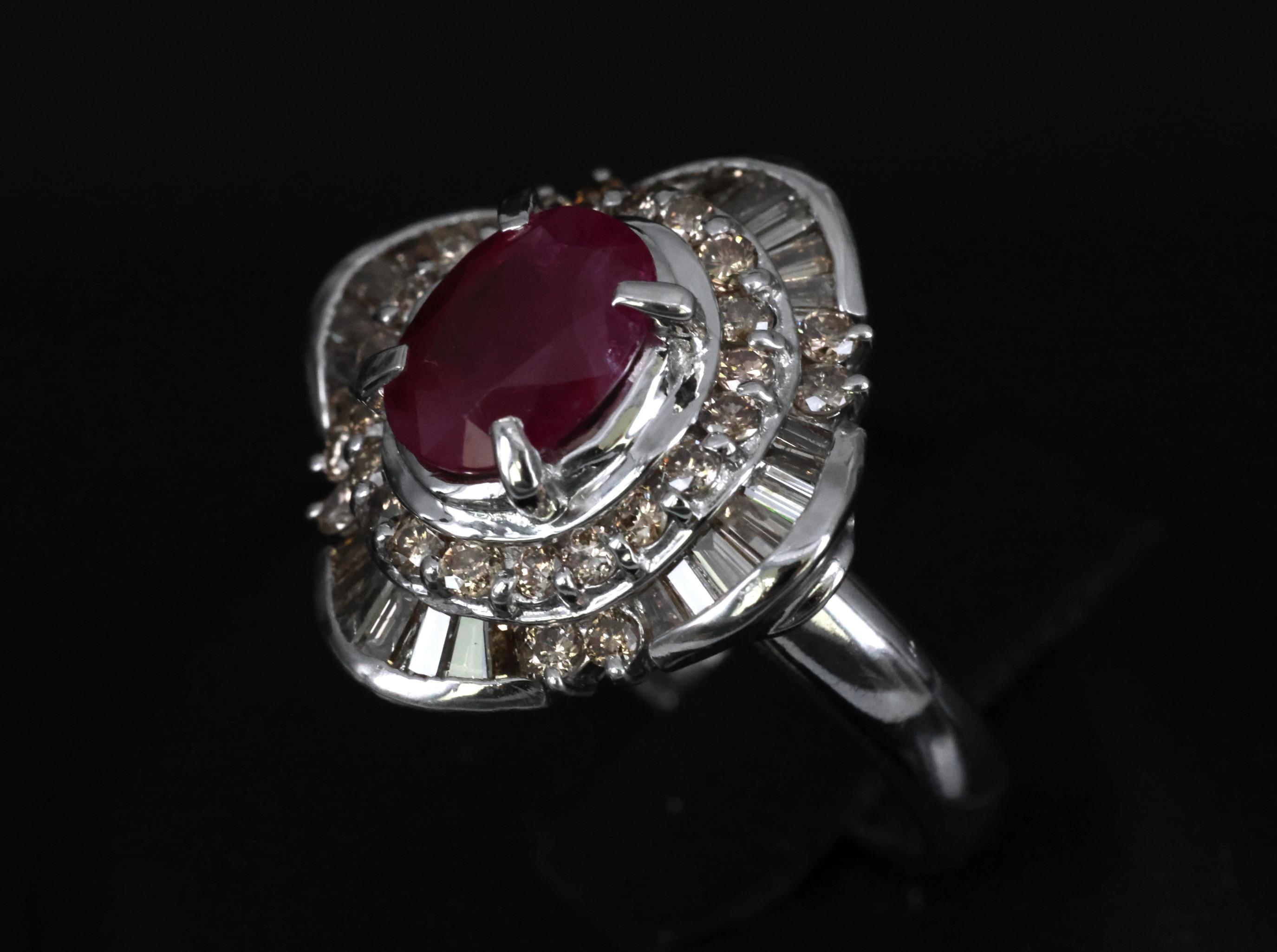 Vintage 2.54ct Intense Red Ruby & 1.55ct Diamond Platinum Ring Size 6.25