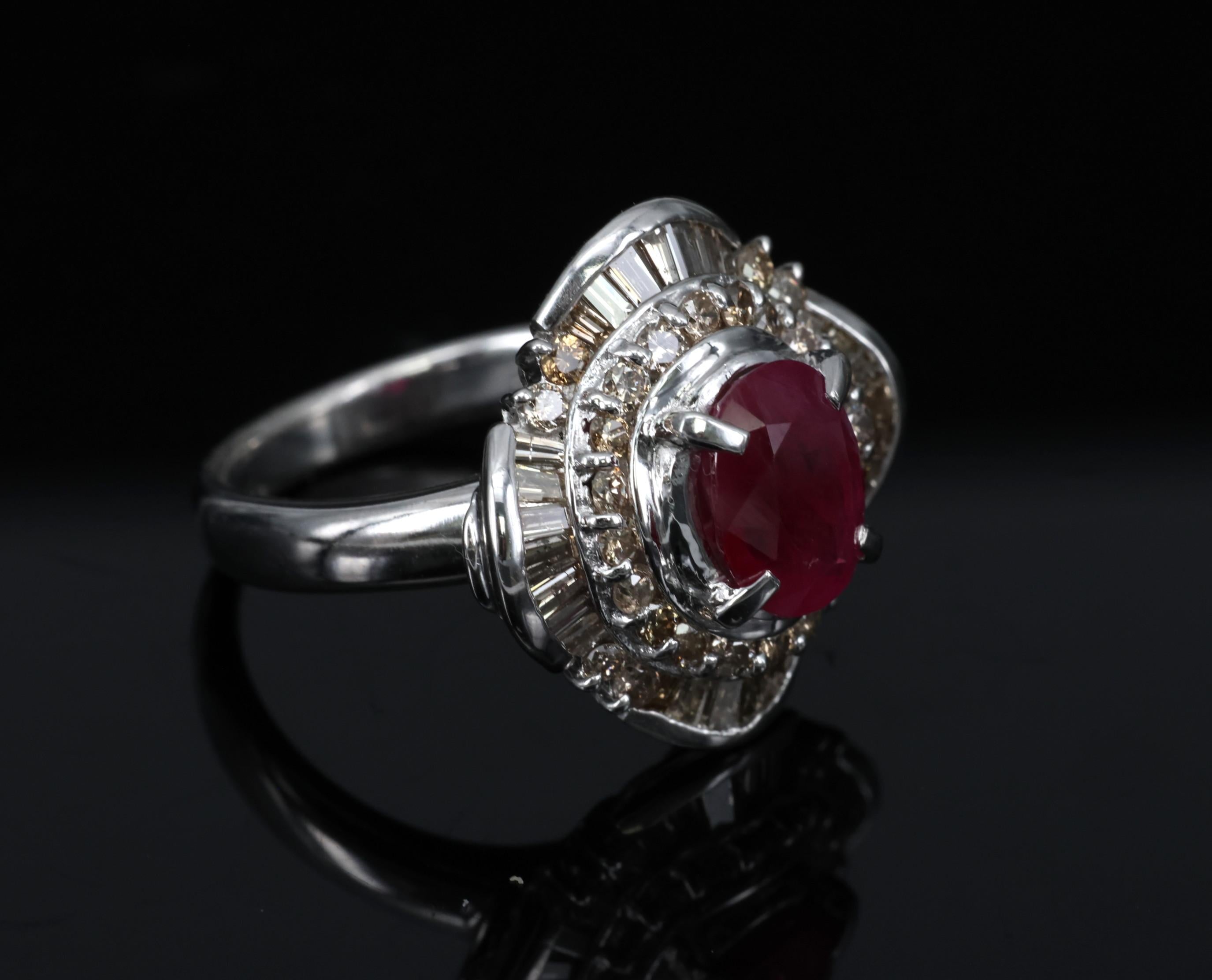 Vintage 2.54ct Intense Red Ruby & 1.55ct Diamond Platinum Ring Size 6.25