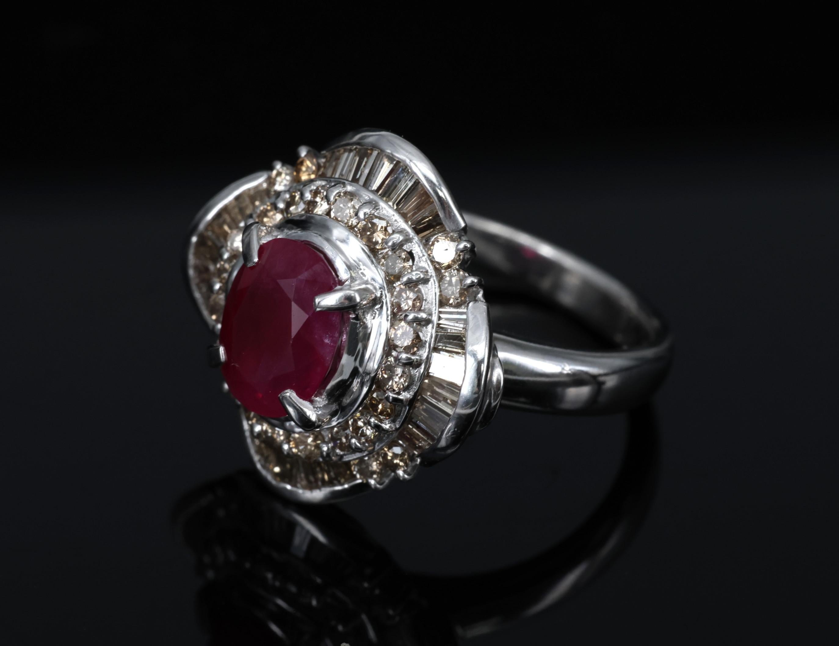 Vintage 2.54ct Intense Red Ruby & 1.55ct Diamond Platinum Ring Size 6.25
