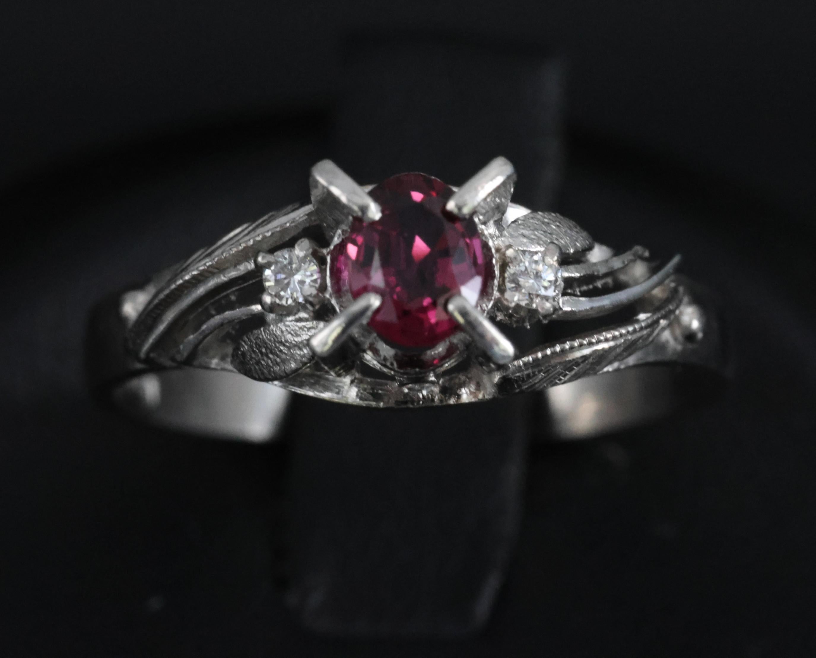 Vintage 0.30ct Ruby & 0.04ct Diamond Platinum Handmade Ring, Size 6.75, 3.4g
