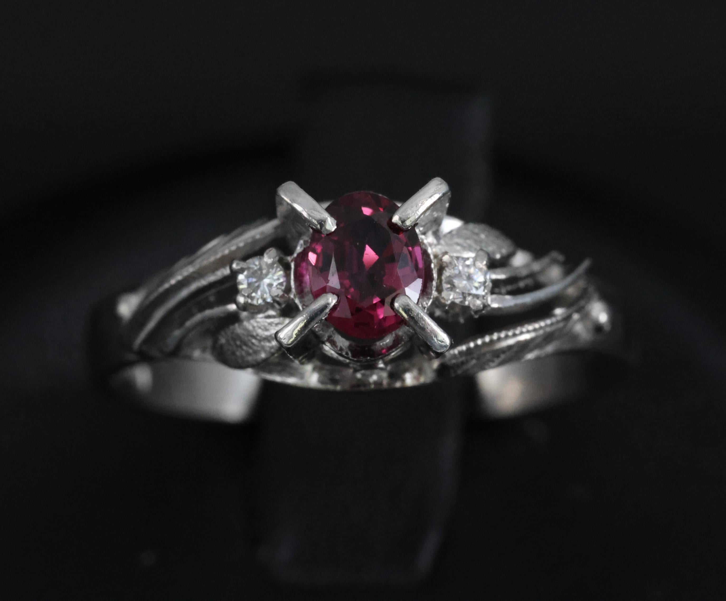 Vintage 0.30ct Ruby & 0.04ct Diamond Platinum Handmade Ring, Size 6.75, 3.4g