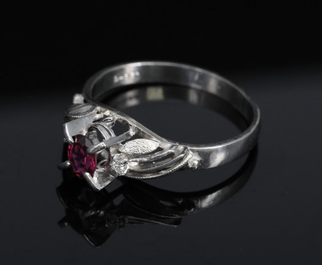 Vintage 0.30ct Ruby & 0.04ct Diamond Platinum Handmade Ring, Size 6.75, 3.4g