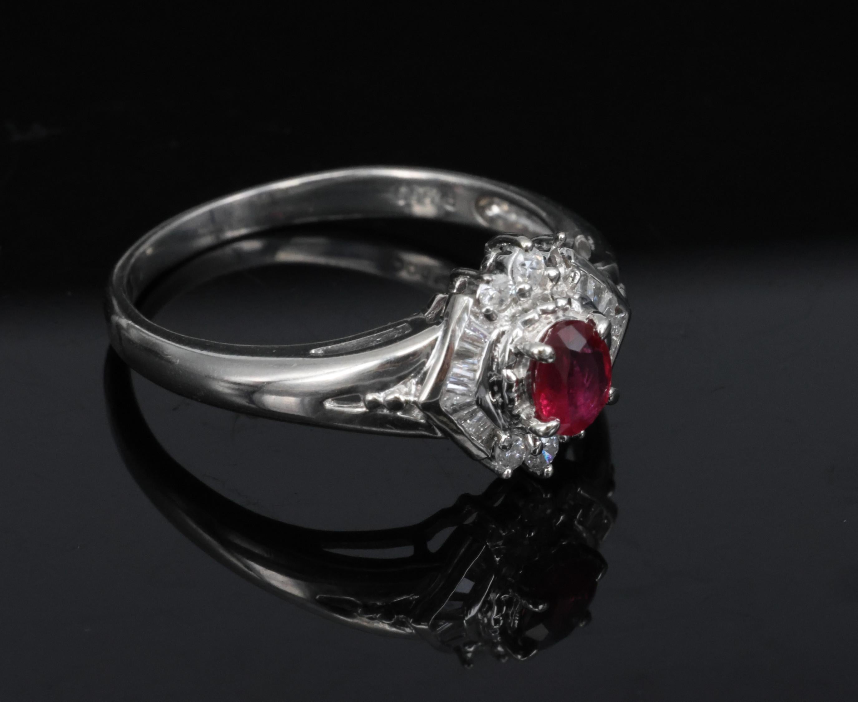 Vintage 0.35ct Intense Red Natural Ruby & 0.26ct Diamond Platinum Ring Size 7.25