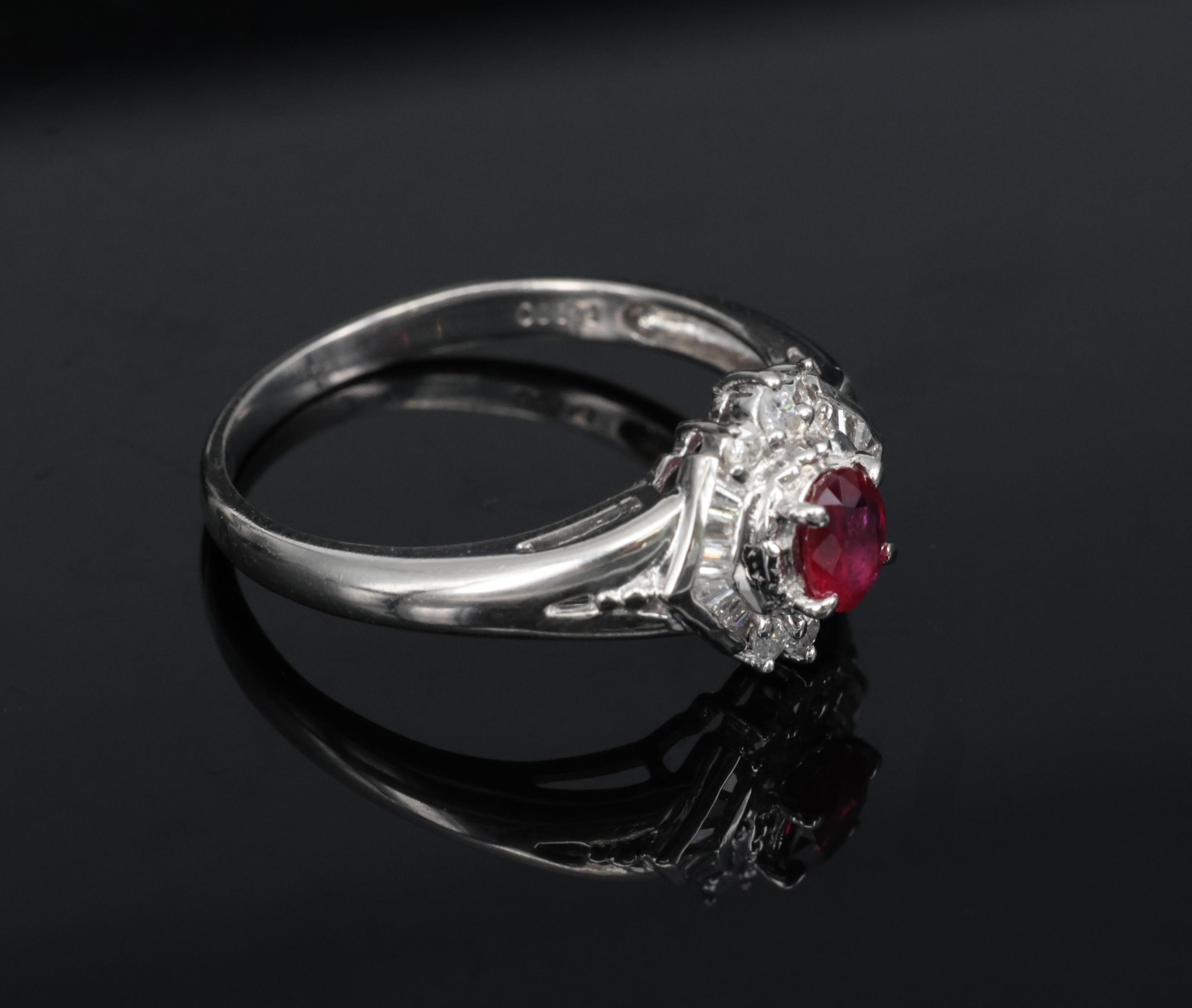 Vintage 0.35ct Intense Red Natural Ruby & 0.26ct Diamond Platinum Ring Size 7.25