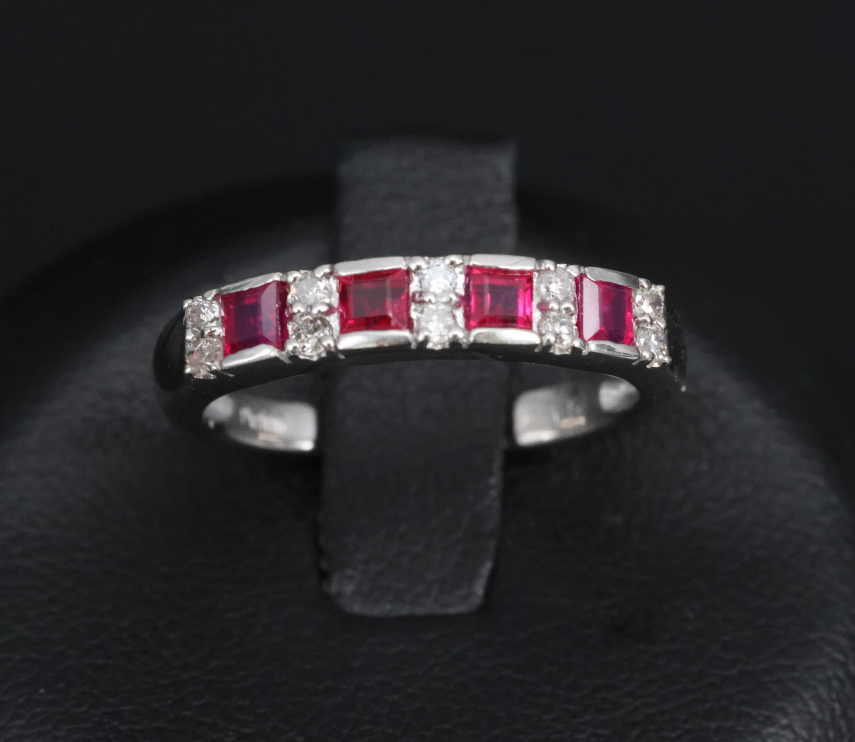 Vintage 0.55ct Vivid Red Ruby & 0.15ct Diamond Platinum 3.5mm Band Size 6.25
