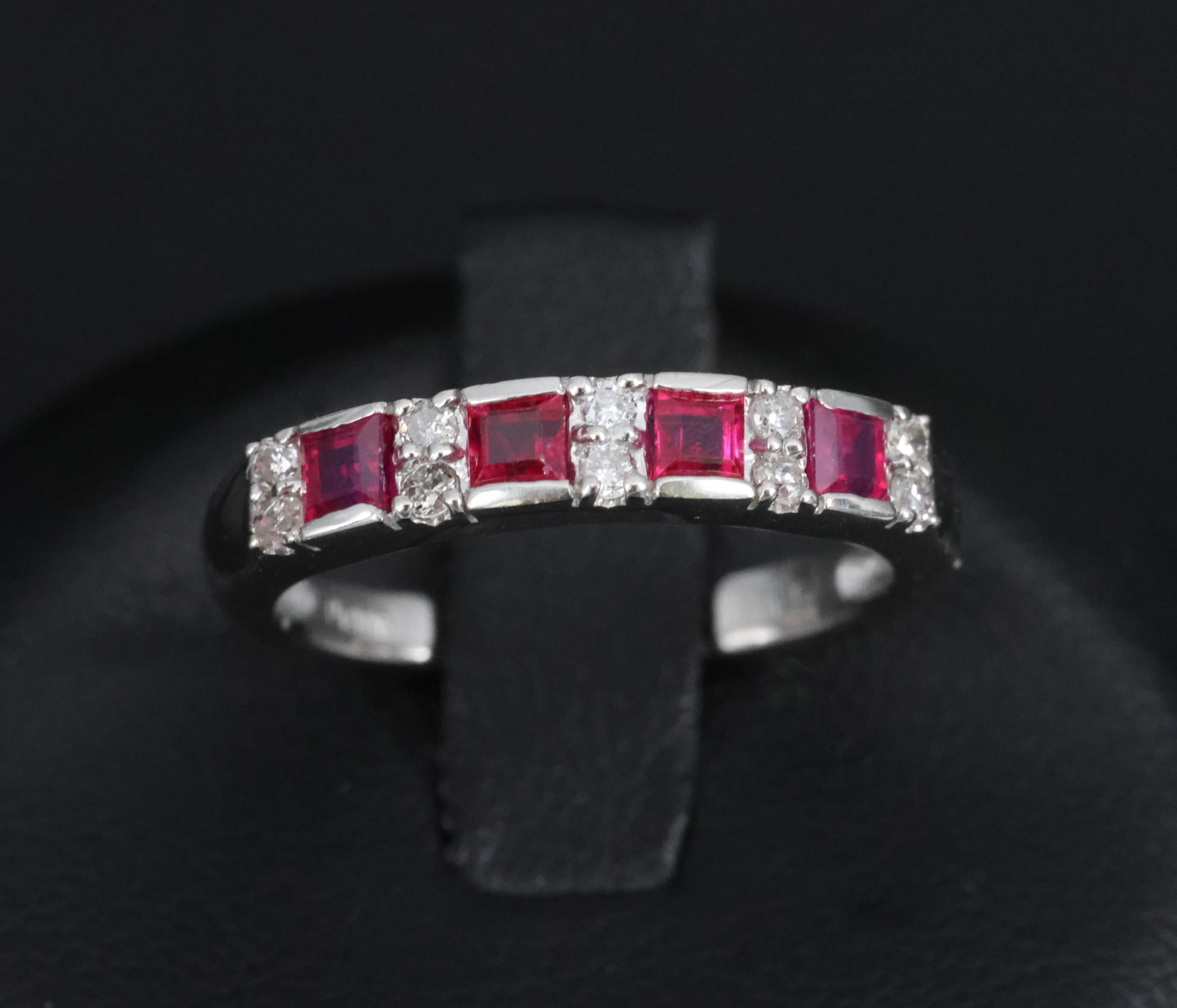 Vintage 0.55ct Vivid Red Ruby & 0.15ct Diamond Platinum 3.5mm Band Size 6.25