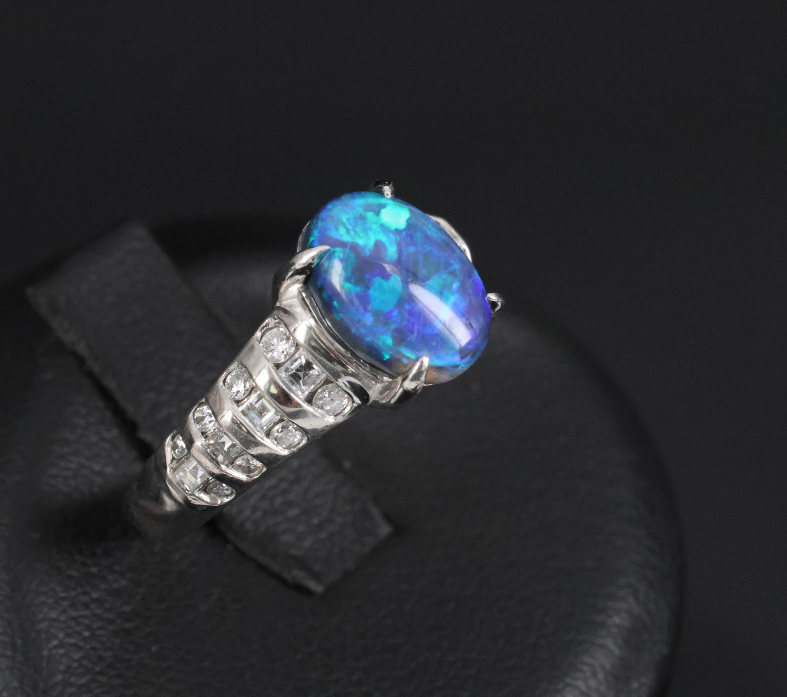 Fine 1.77ct Natural Untreated Black Opal 0.43ct Diamond Platinum Ring Size 6.75