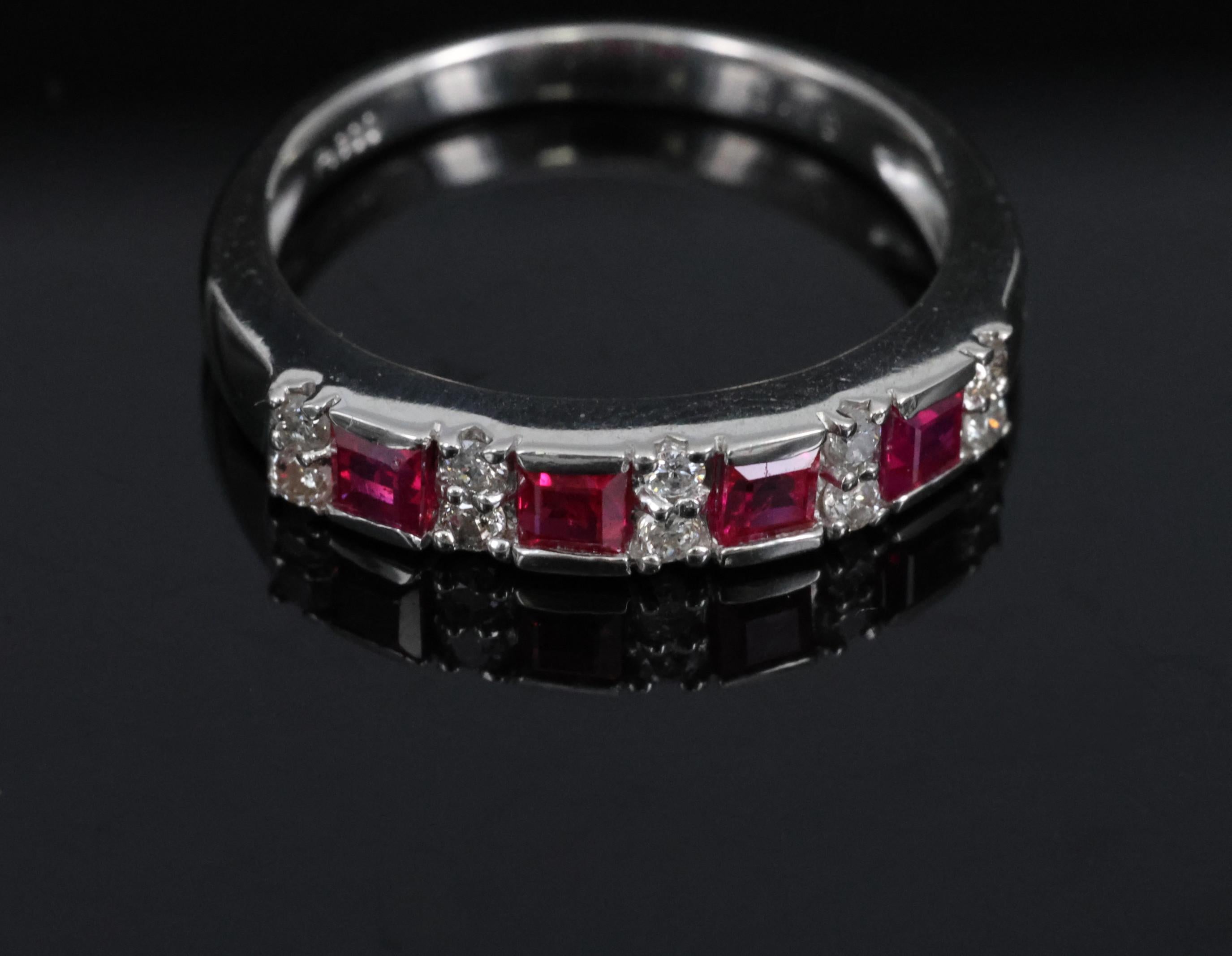 Vintage 0.55ct Vivid Red Ruby & 0.15ct Diamond Platinum 3.5mm Band Size 6.25