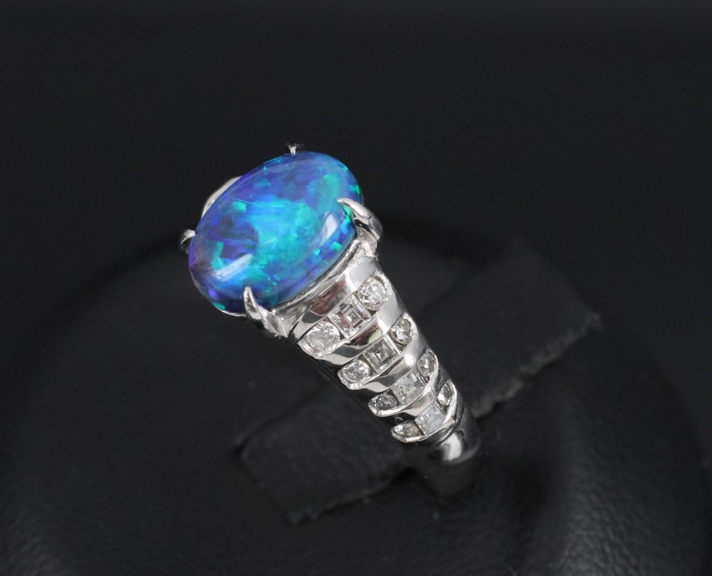 Fine 1.77ct Natural Untreated Black Opal 0.43ct Diamond Platinum Ring Size 6.75