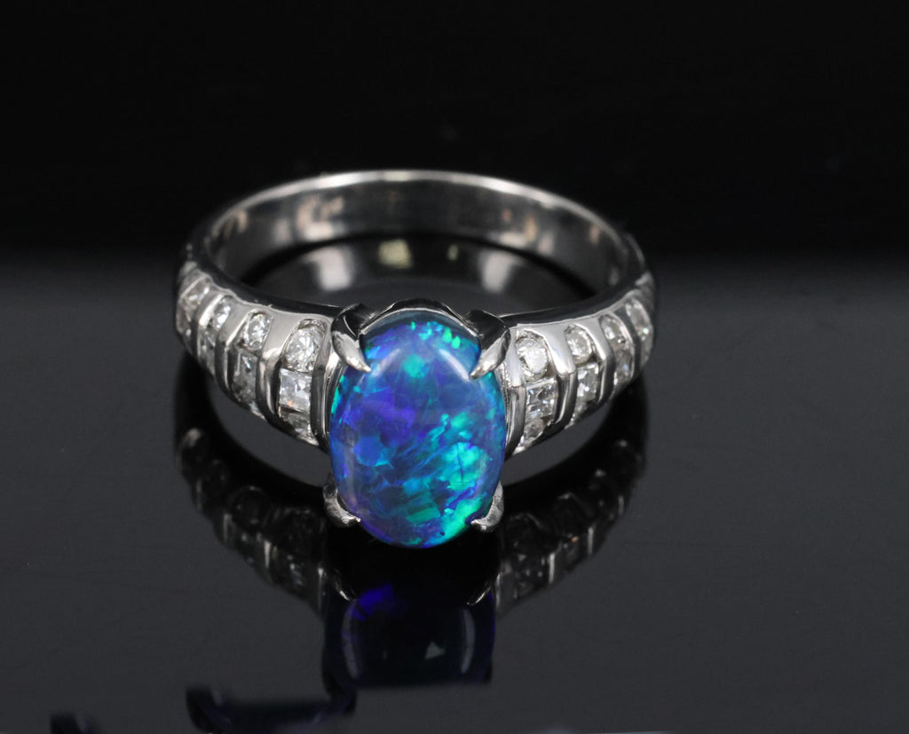 Fine 1.77ct Natural Untreated Black Opal 0.43ct Diamond Platinum Ring Size 6.75