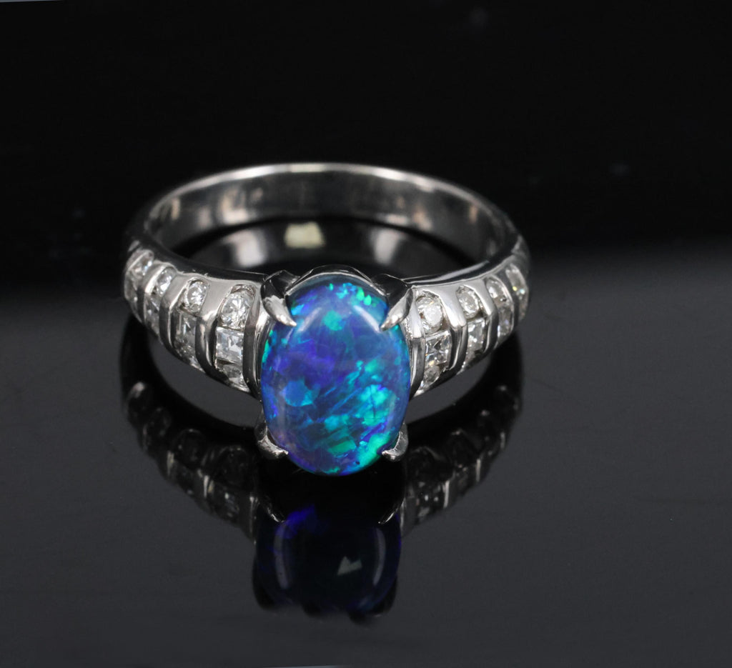 Fine 1.77ct Natural Untreated Black Opal 0.43ct Diamond Platinum Ring Size 6.75