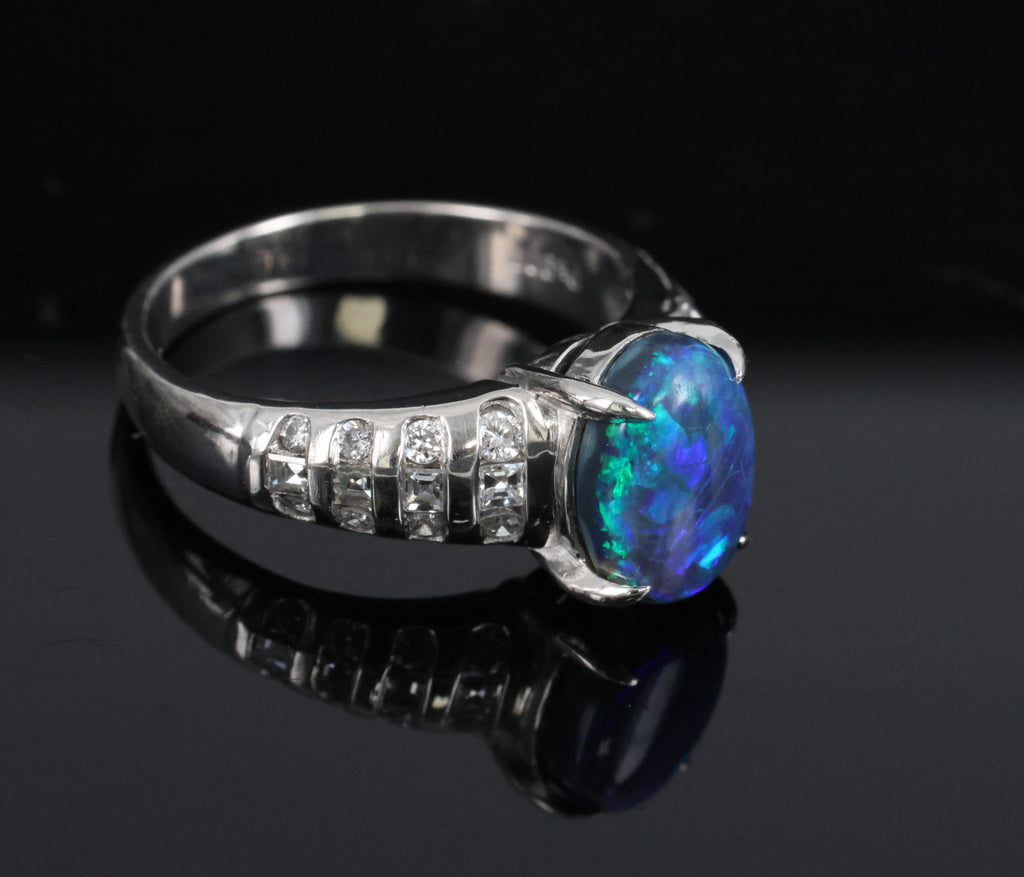 Fine 1.77ct Natural Untreated Black Opal 0.43ct Diamond Platinum Ring Size 6.75