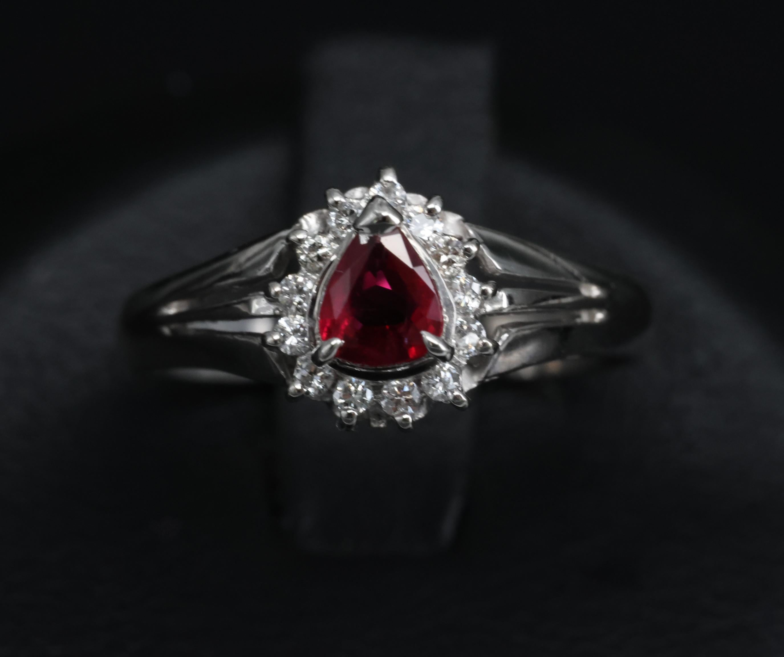 Vintage 0.34ct Intense Red Natural Ruby & 0.12ct Diamond Platinum Ring Size 5.75