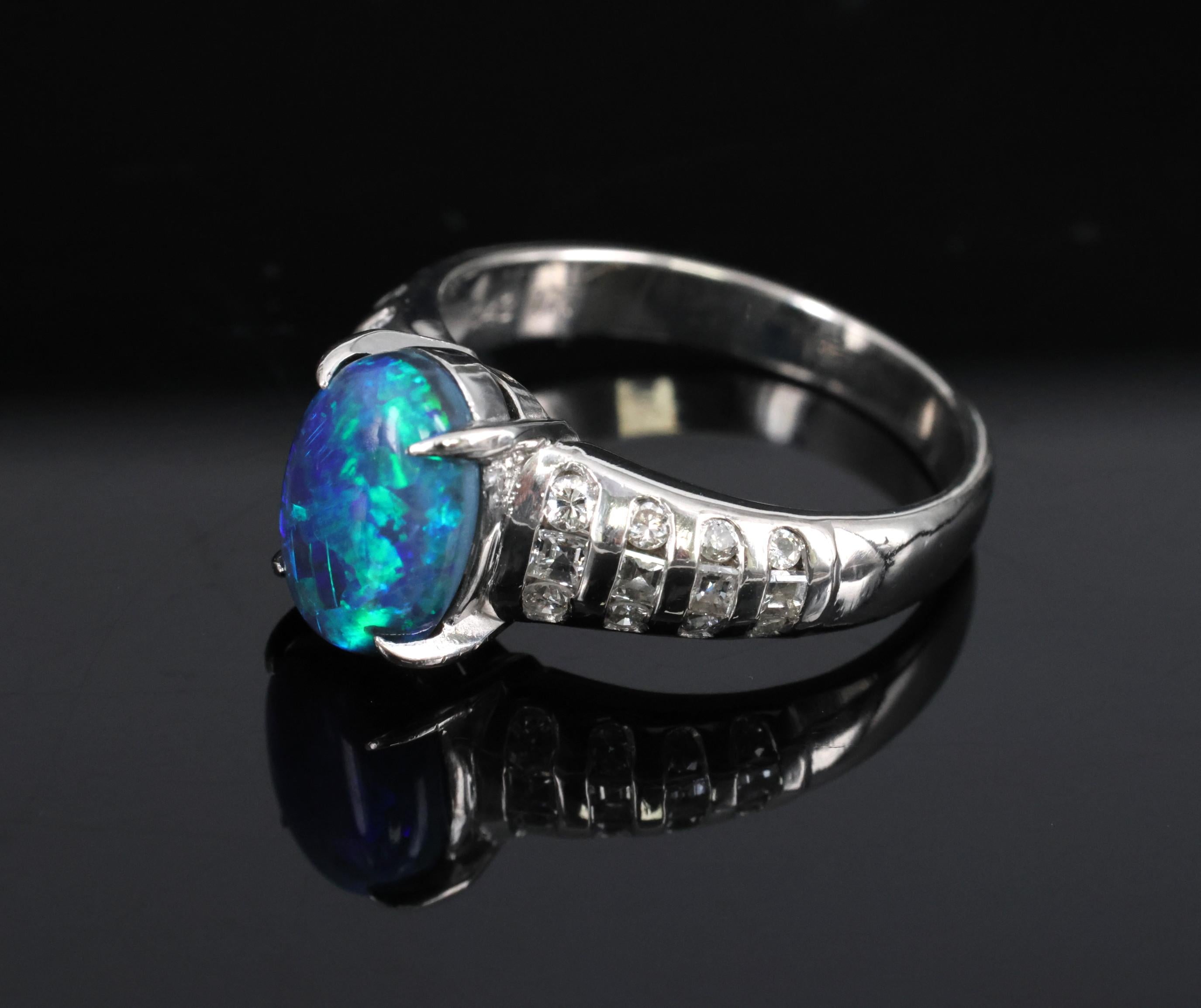 Fine 1.77ct Natural Untreated Black Opal 0.43ct Diamond Platinum Ring Size 6.75