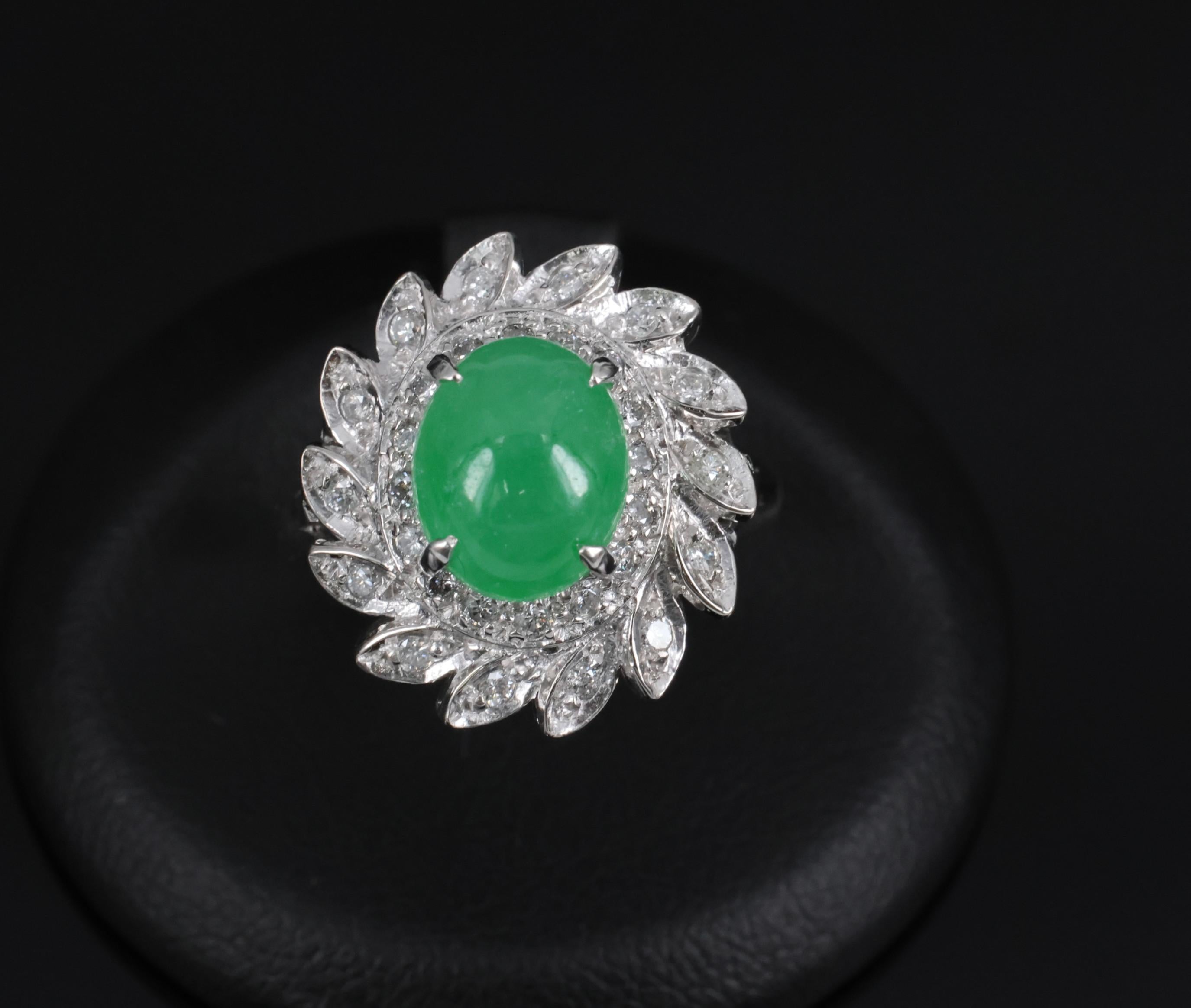 3.06ct Natural Green Untreated Jadeite Jade & 0.40ct Diamond Platinum Ring, 7.4g