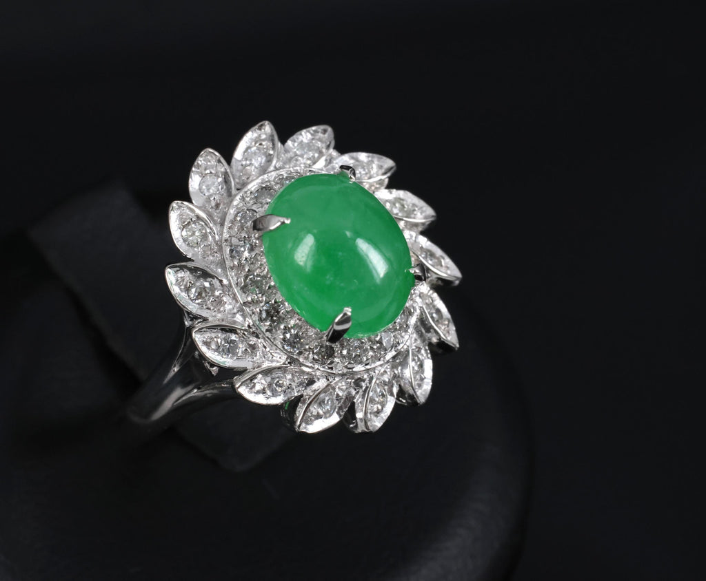 3.06ct Natural Green Untreated Jadeite Jade & 0.40ct Diamond Platinum Ring, 7.4g