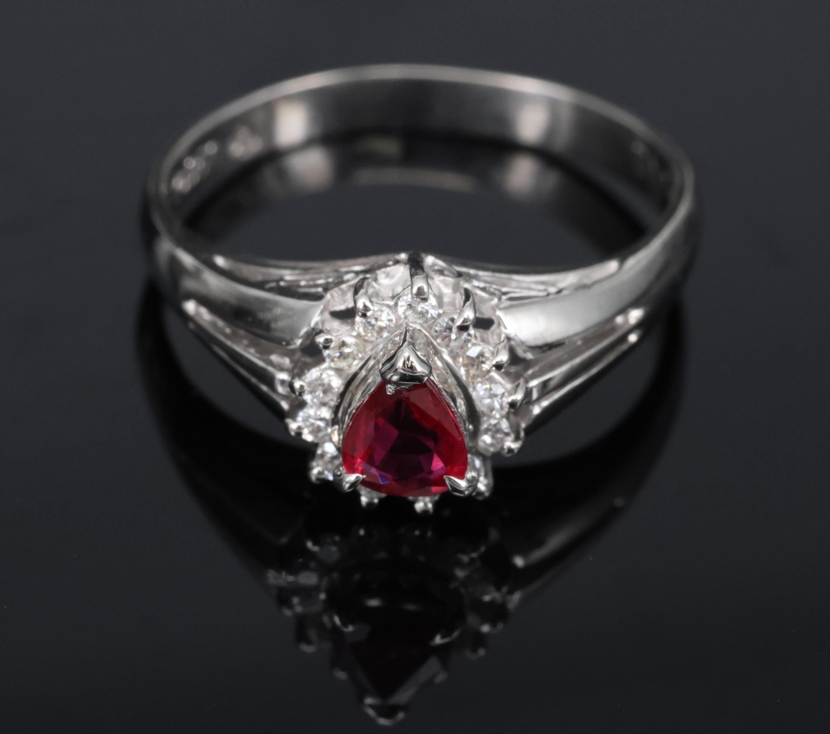 Vintage 0.34ct Intense Red Natural Ruby & 0.12ct Diamond Platinum Ring Size 5.75